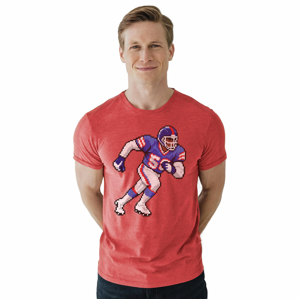 New York 16-bit Football Cool Staple T-shirt in Red Heather On Model - Front View