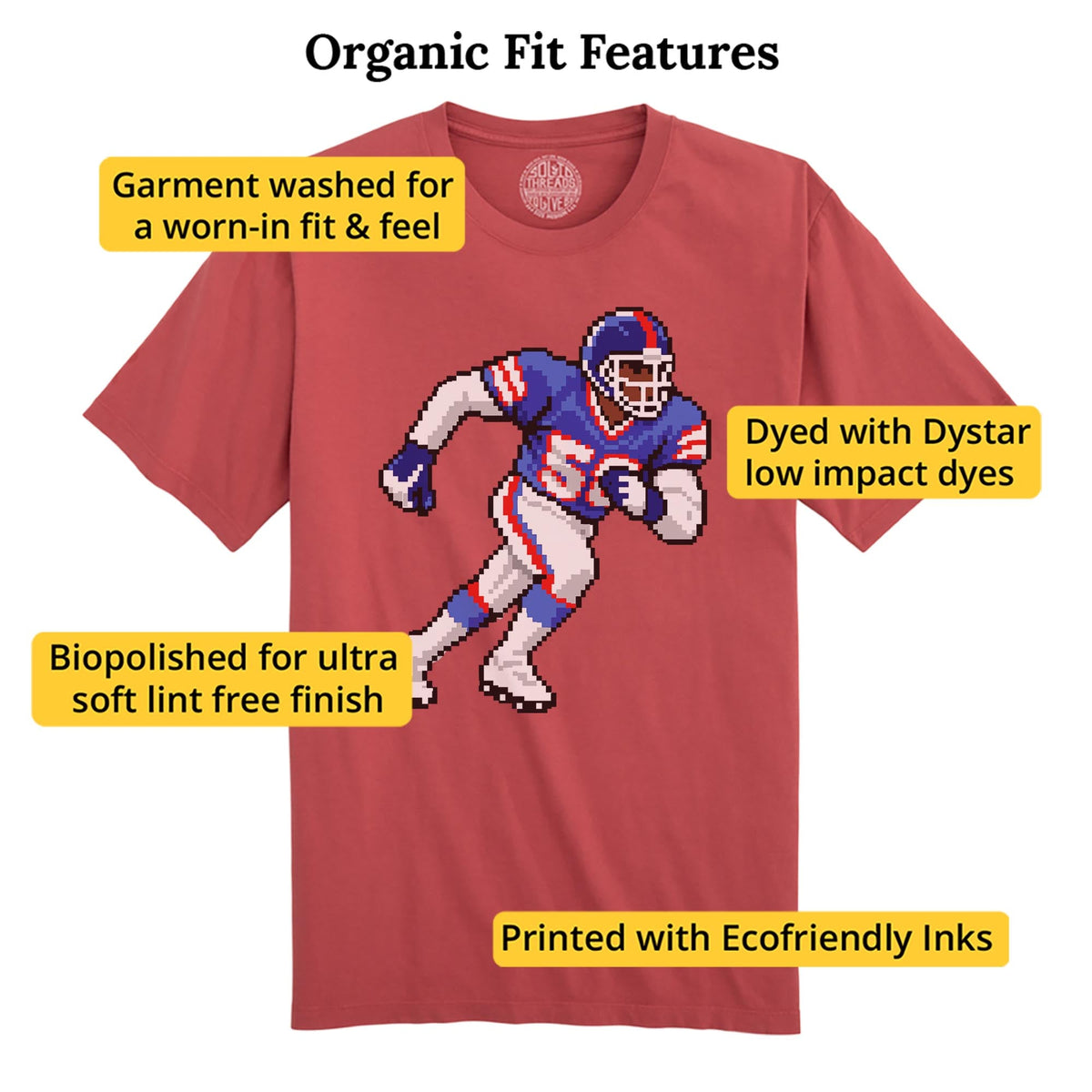 New York 16-bit Football Cool Organic T-shirt in Brick - Fit Attributes