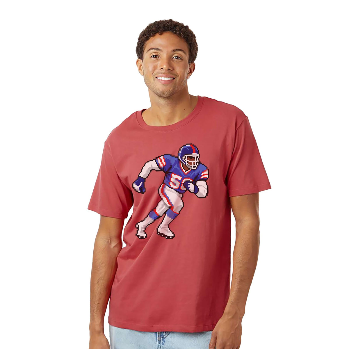 New York 16-bit Football Cool Organic T-shirt in Brick On Model - Front View