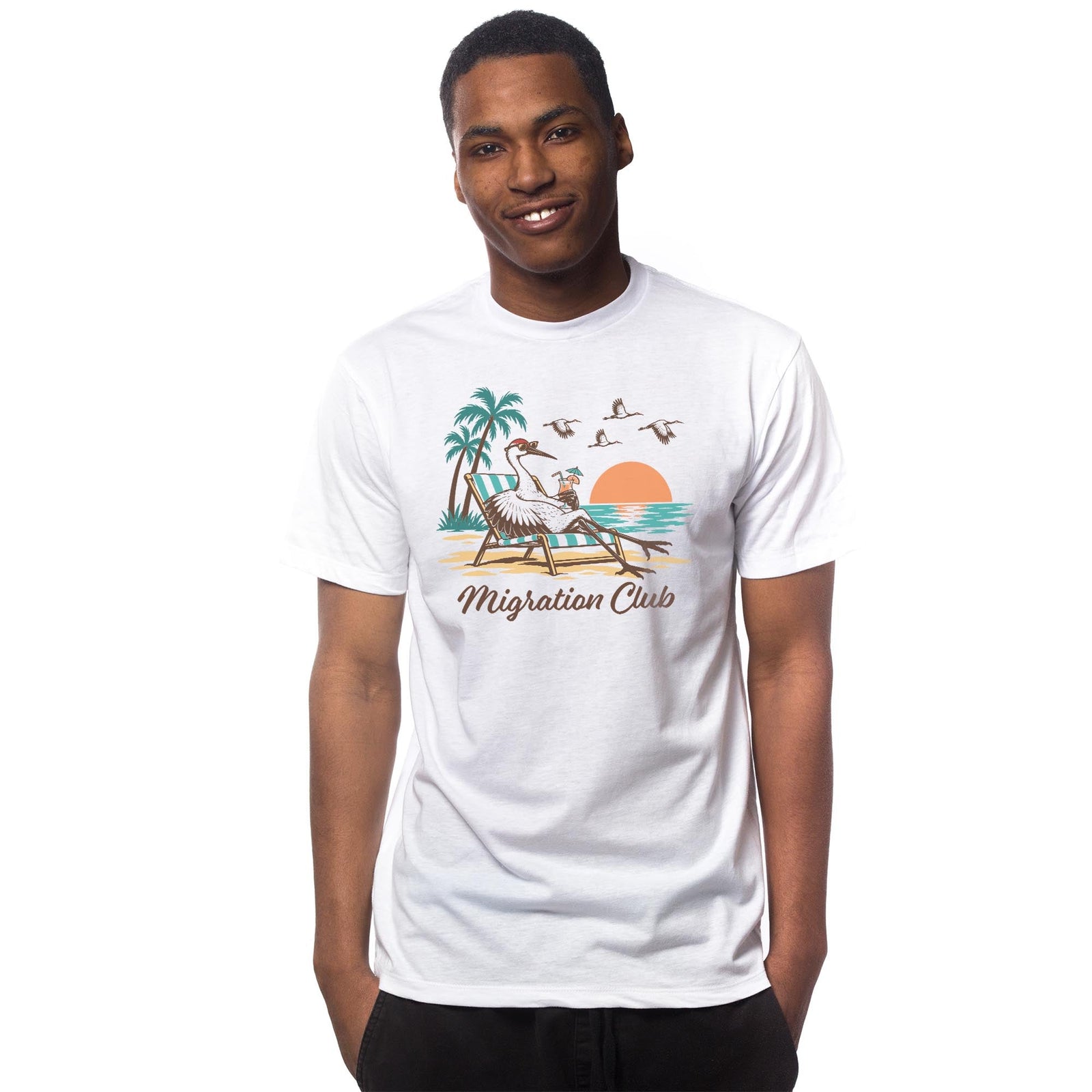 Migration Club Funny Signature T-shirt in White On Model - Front View