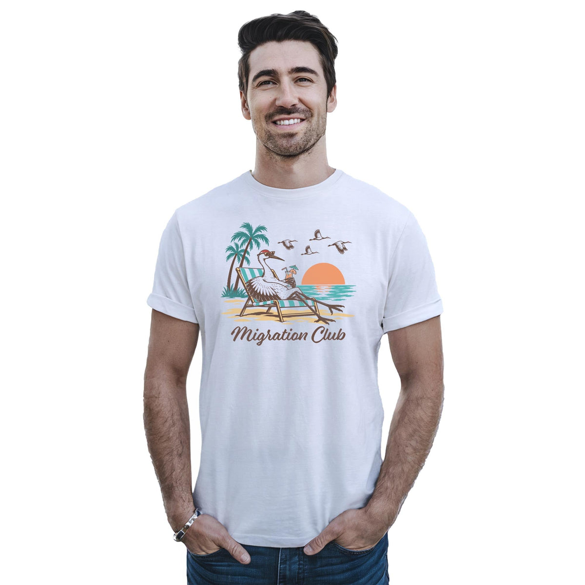 Migration Club Funny Staple T-shirt in White On Model - Front View