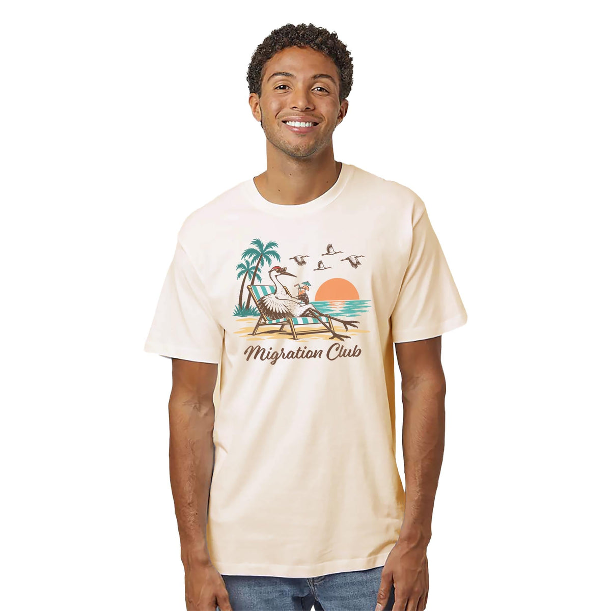 Migration Club Funny Organic T-shirt in Ivory On Model - Front View