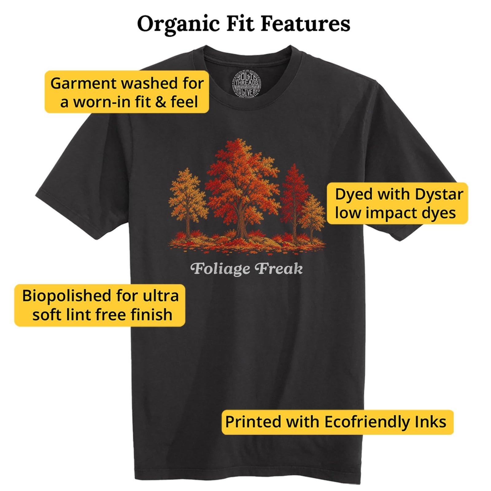 Foliage Freak Funny Organic T-shirt in Black - Fit Attributes
