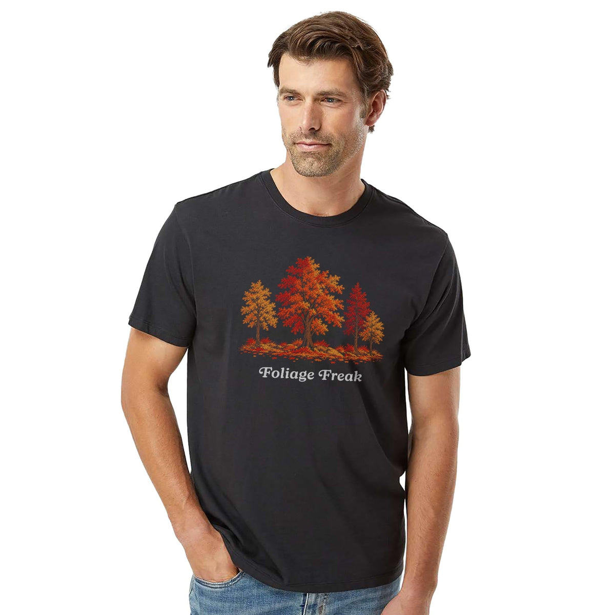 Foliage Freak Funny Organic T-shirt in Black On Model - Front View