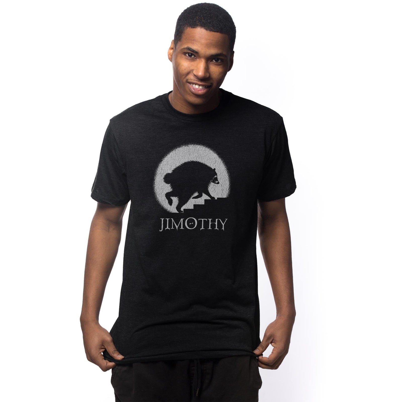 Jimothy Horror Movie Funny Signature T-shirt in Black On Model - Front View