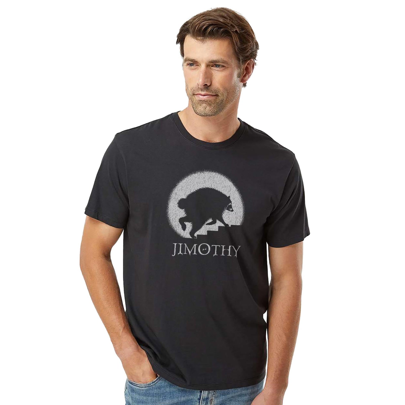 Jimothy Horror Movie Funny Organic T-shirt in Black On Model - Front View