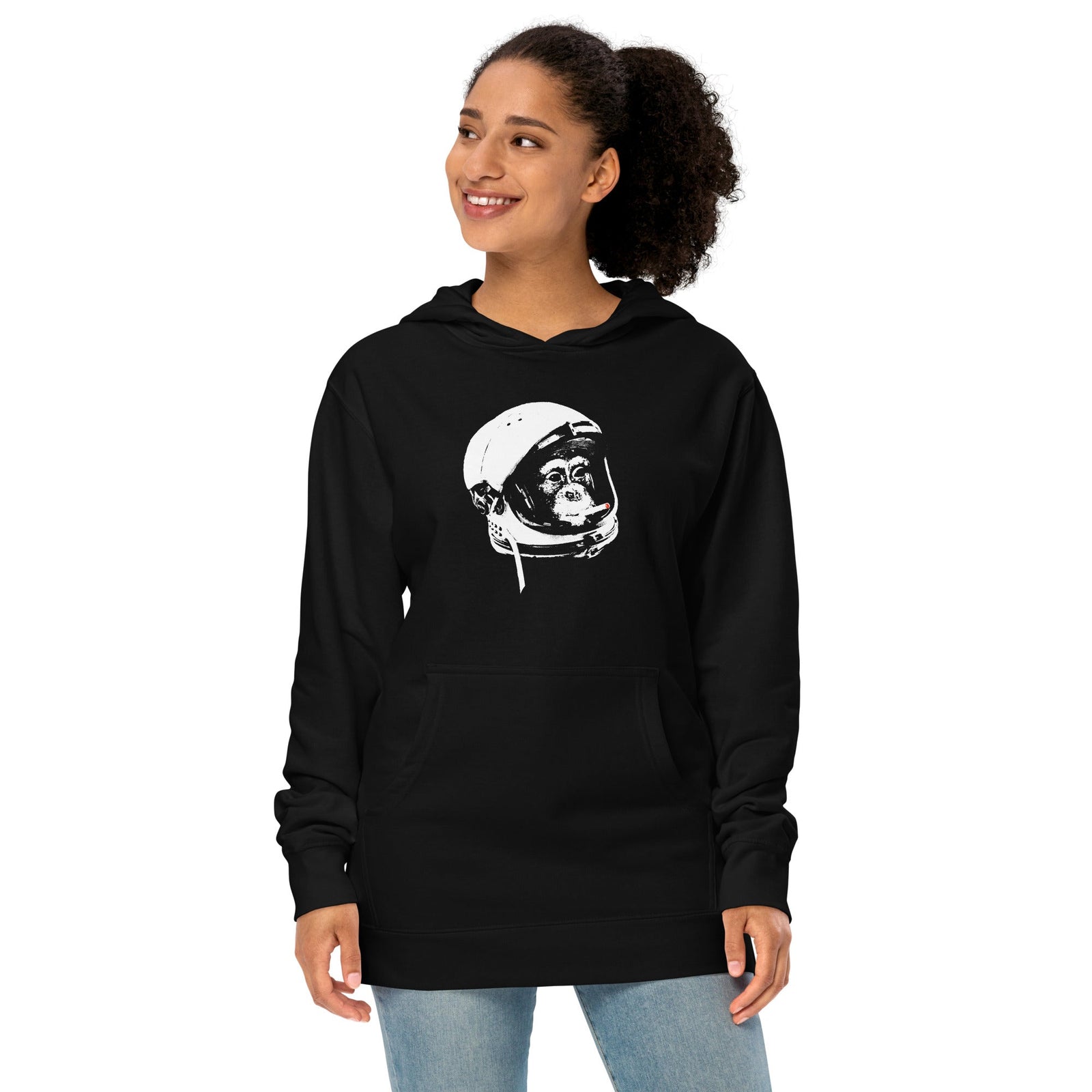 Cold War Vet Cool Artsy Graphic Midweight Pullover Hoodie | Funny Chimp Astronaut Smoking Fleece on Model | Solid Threads