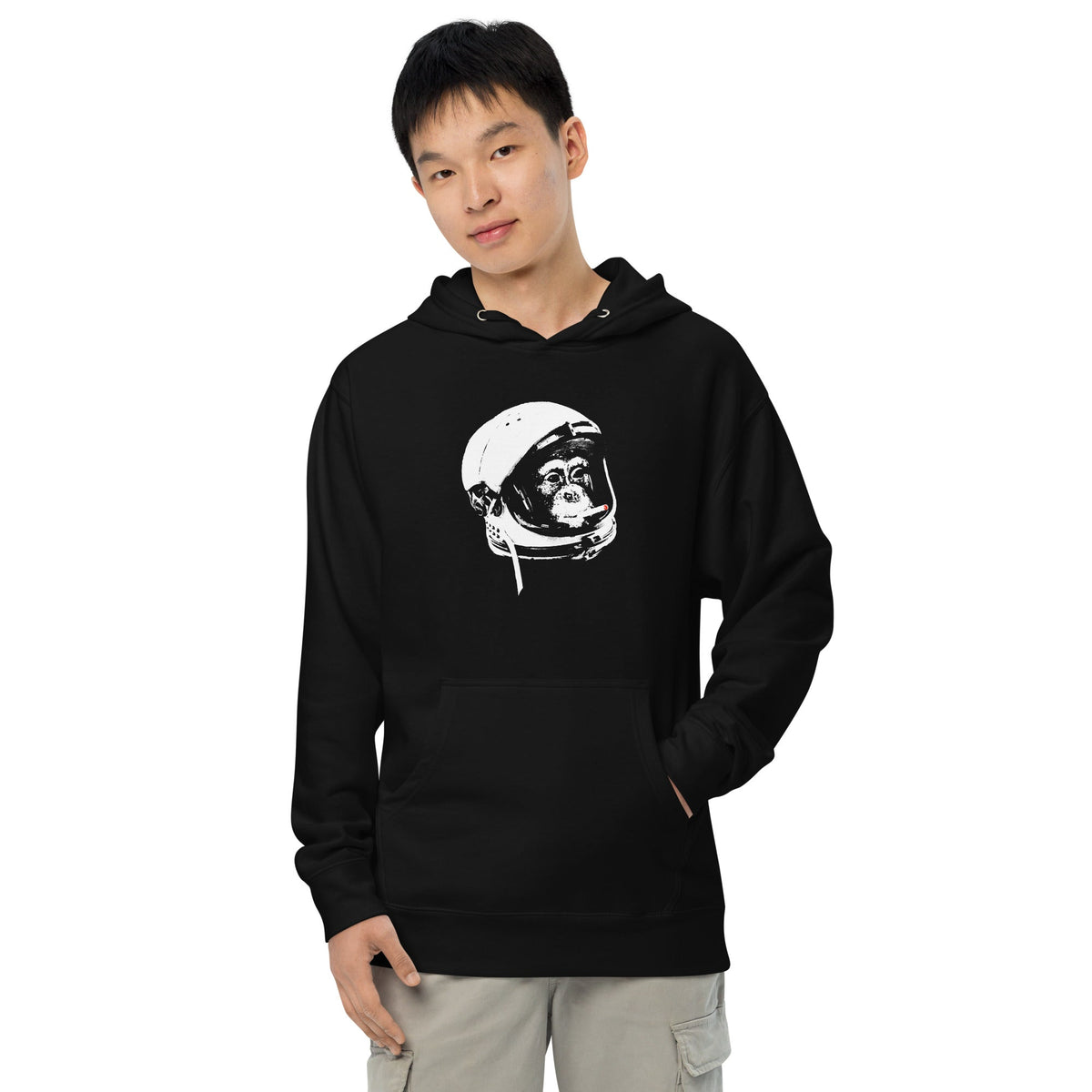Cold War Vet Cool Artsy Graphic Midweight Pullover Hoodie | Funny Chimp Astronaut Smoking Fleece on Model | Solid Threads