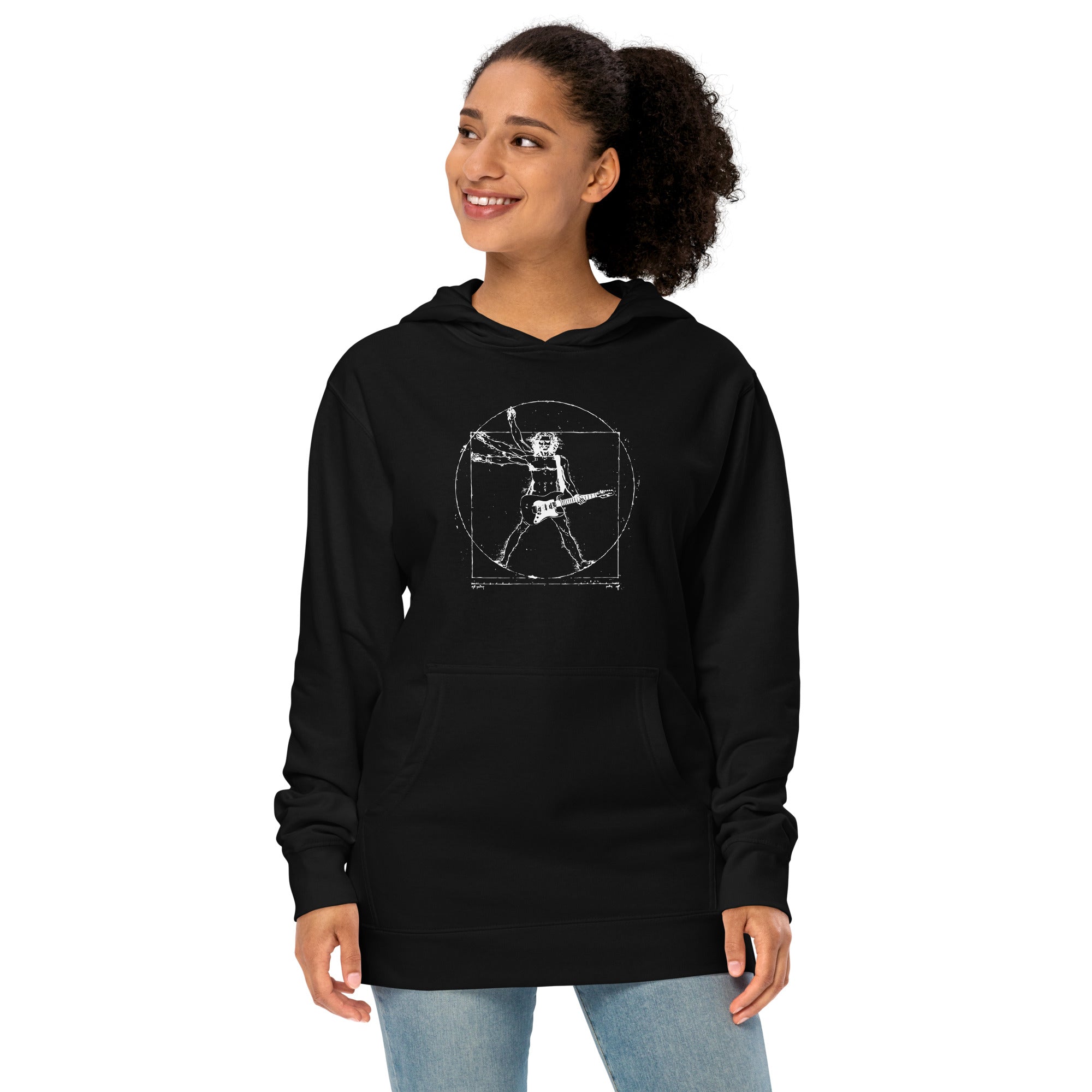 Da Vinci Rock Designer Graphic Midweight Pullover Hoodie | Cool Guitar Vitruvian Windmill Fleece | Solid Threads