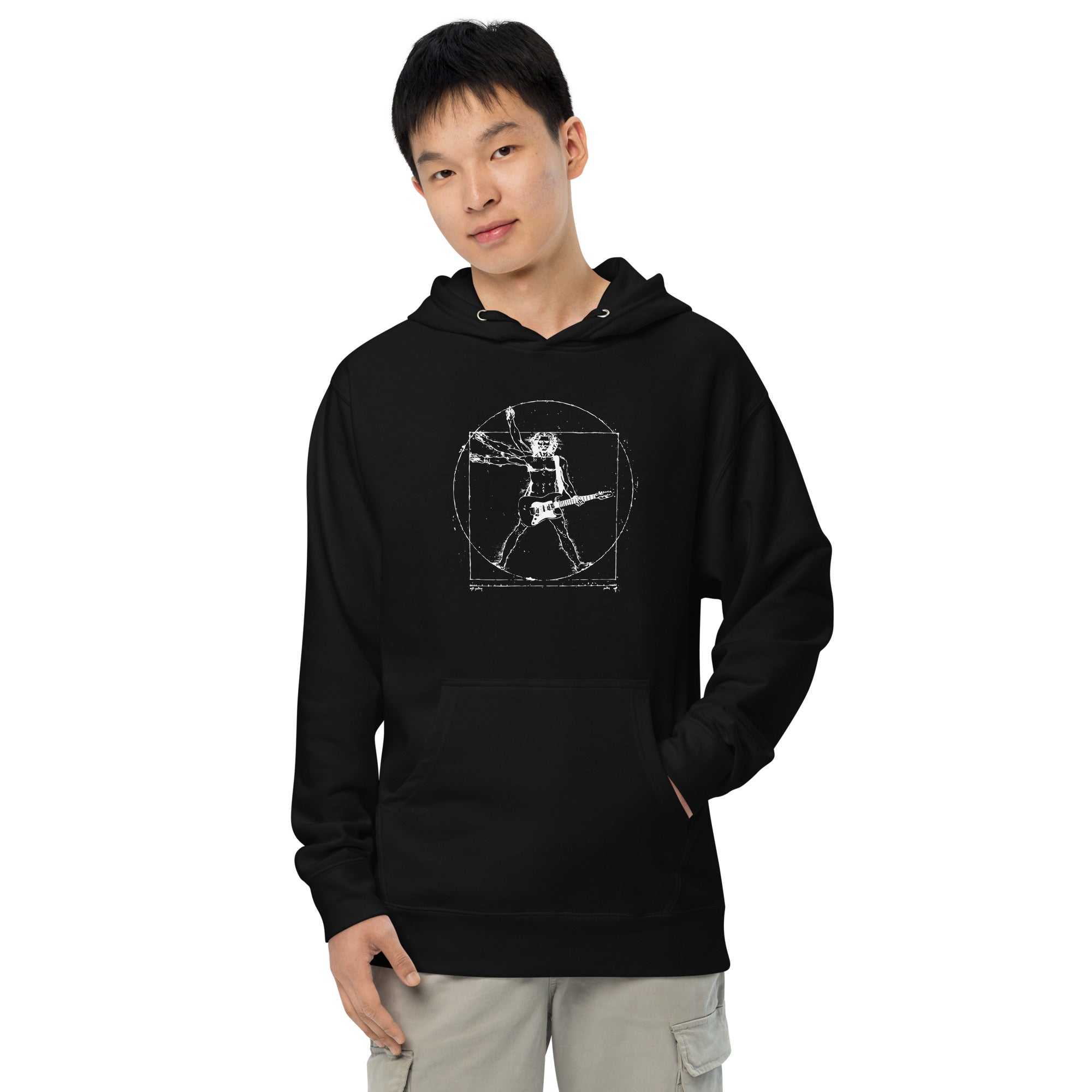 Da Vinci Rock Designer Graphic Midweight Pullover Hoodie | Cool Guitar Vitruvian Windmill Fleece | Solid Threads