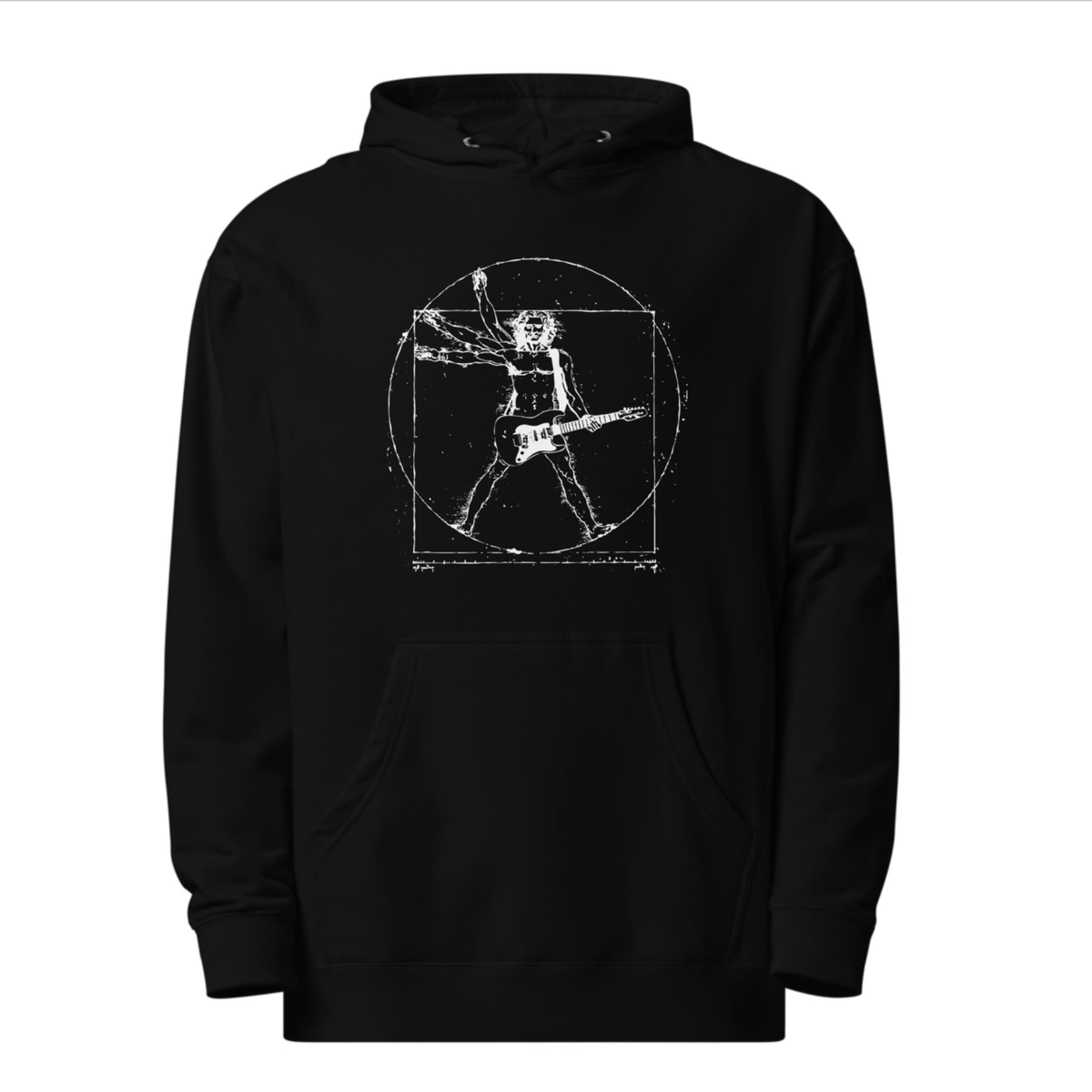 Da Vinci Rock Designer Graphic Midweight Pullover Hoodie | Cool Guitar Vitruvian Windmill Fleece | Solid Threads