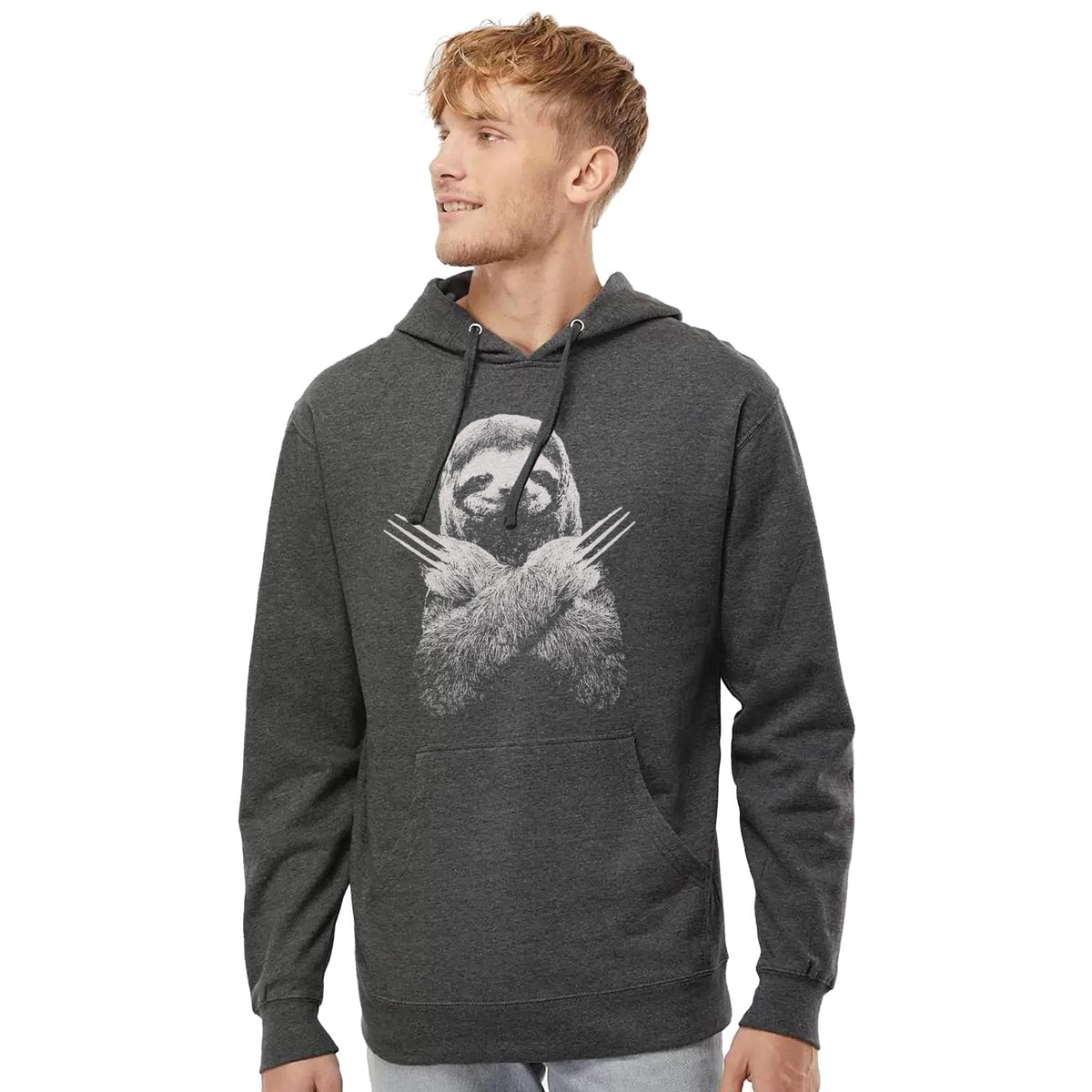 Slotherine Funny Animal Graphic Midweight Pullover Hoodie | Designer Superhero Claws Comic Fleece on Model | Solid Threads