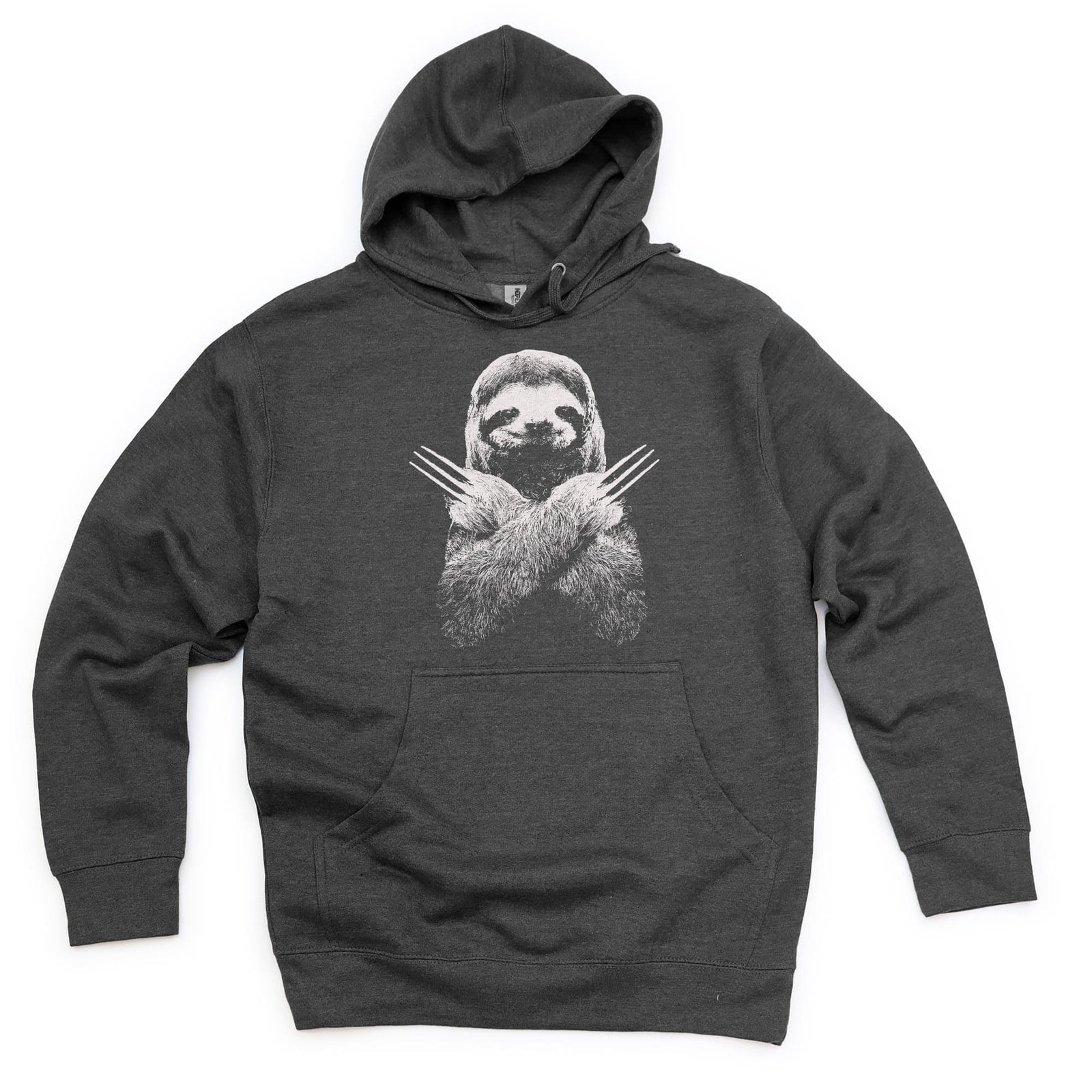 Slotherine Funny Animal Graphic Midweight Pullover Hoodie | Designer Superhero Claws Comic Fleece | Solid Threads