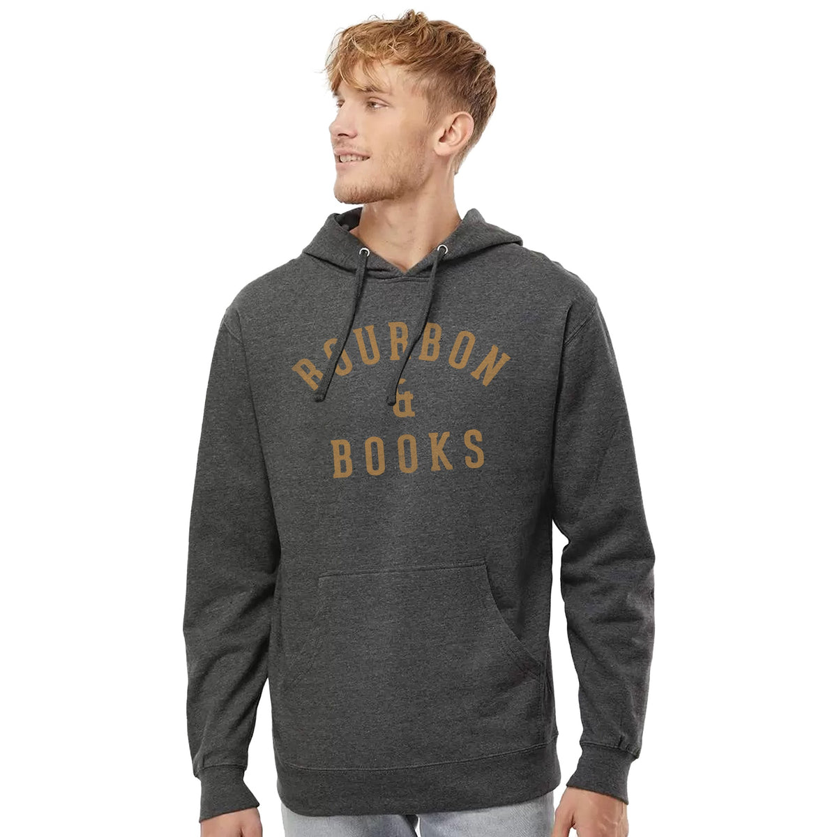 Bourbon & Books Funny Distillery Graphic Midweight Pullover Hoodie | Vintage Whiskey Bookish Fleece on Model | Solid Threads