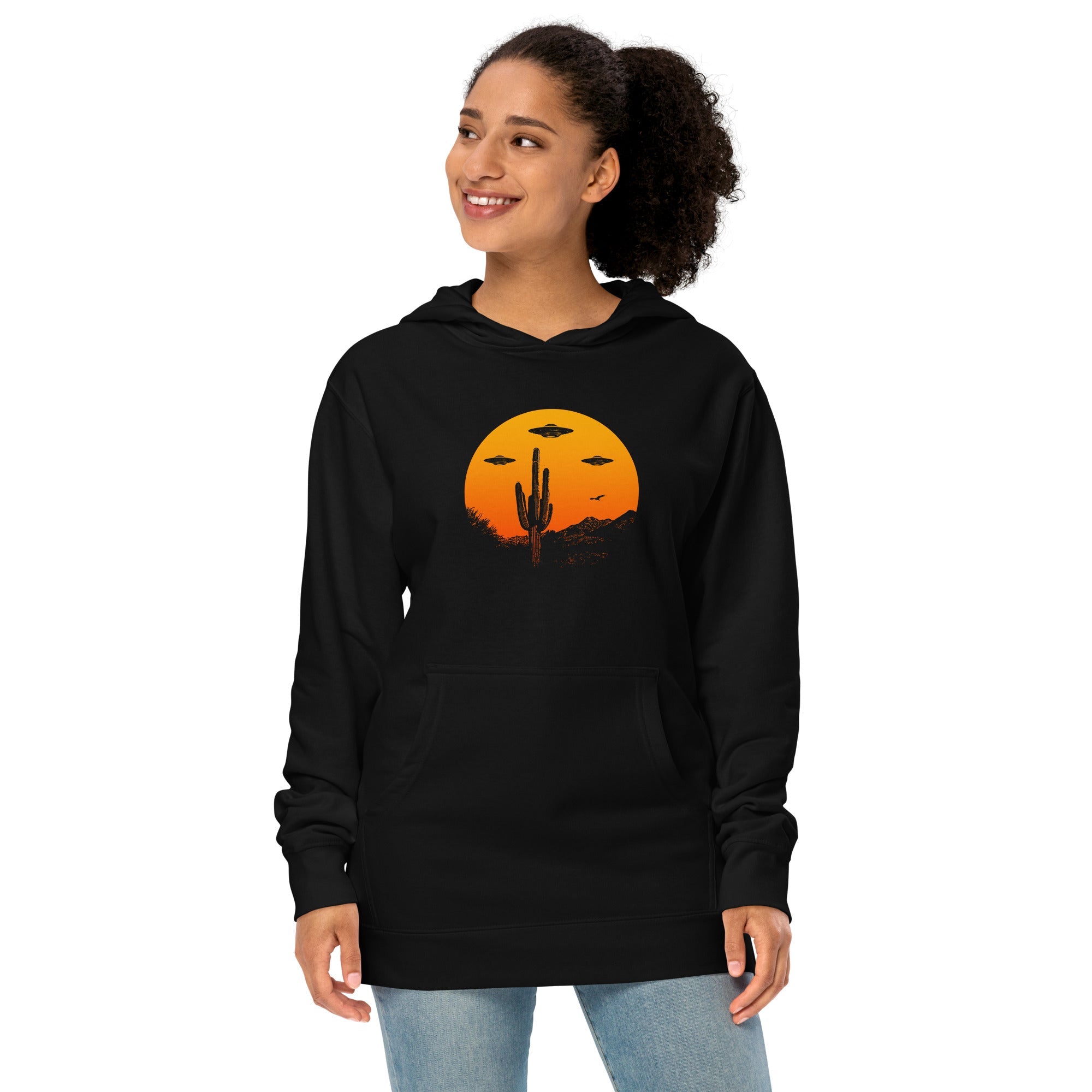 Ufo Country Designer Graphic Midweight Pullover Hoodie | Vintage Artsy Alien Desert Cactus Fleece | Solid Threads