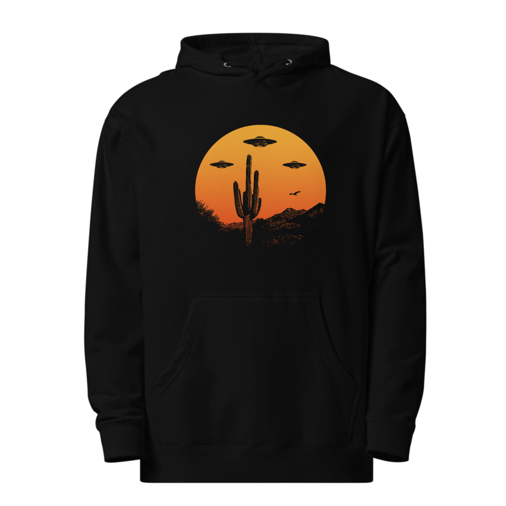 Ufo Country Designer Graphic Midweight Pullover Hoodie | Vintage Artsy Alien Desert Cactus Fleece | Solid Threads