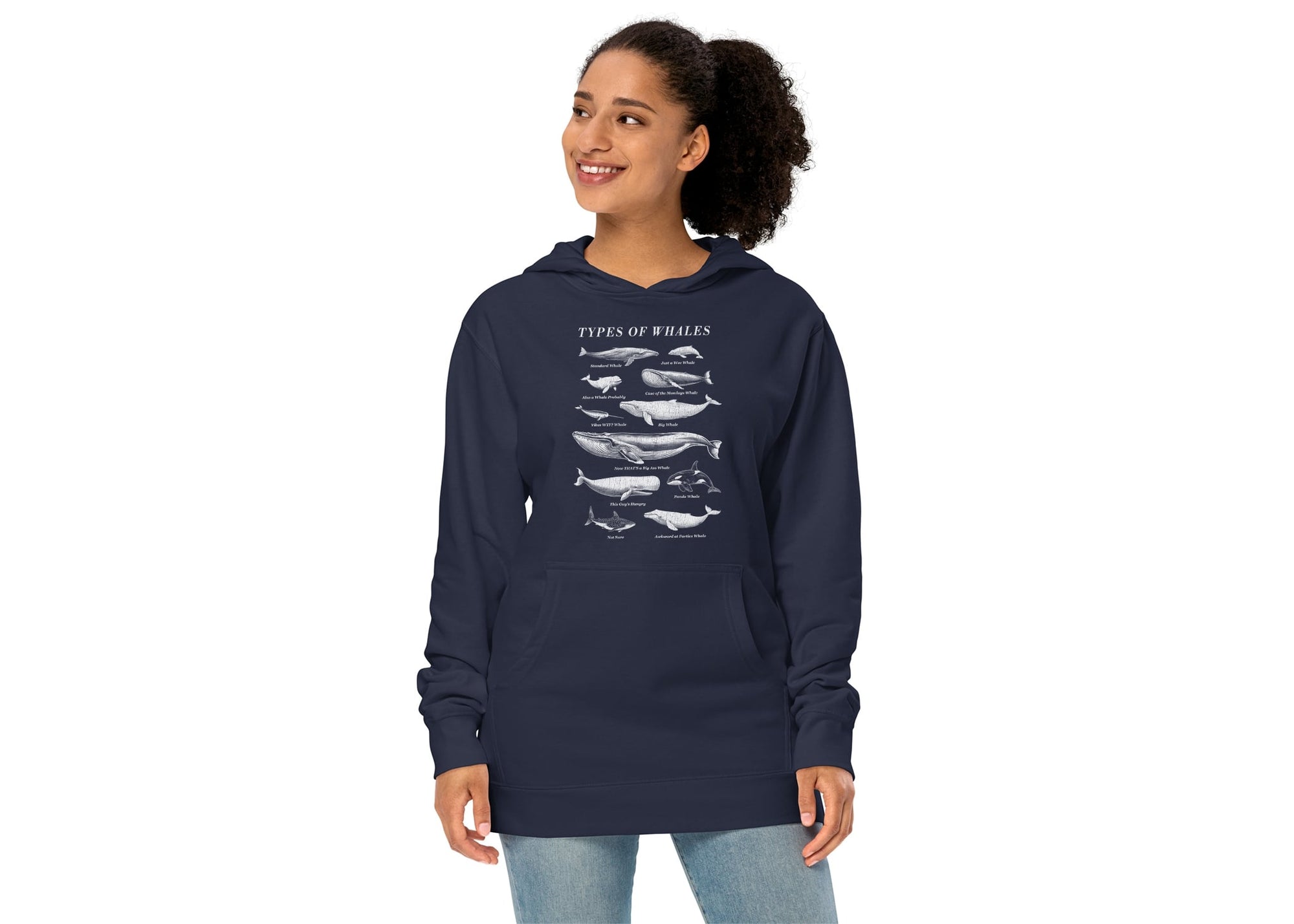 Types Of Whales Funny Marine Life Graphic Midweight Pullover Hoodie | Vintage Chart Nature Fleece | Solid Threads