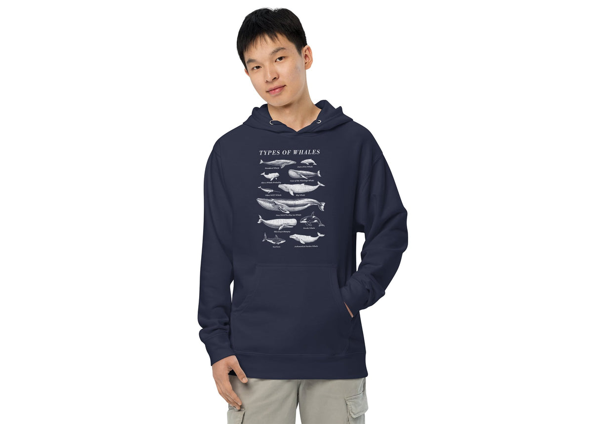 Types Of Whales Funny Marine Life Graphic Midweight Pullover Hoodie | Vintage Chart Nature Fleece on Model | Solid Threads
