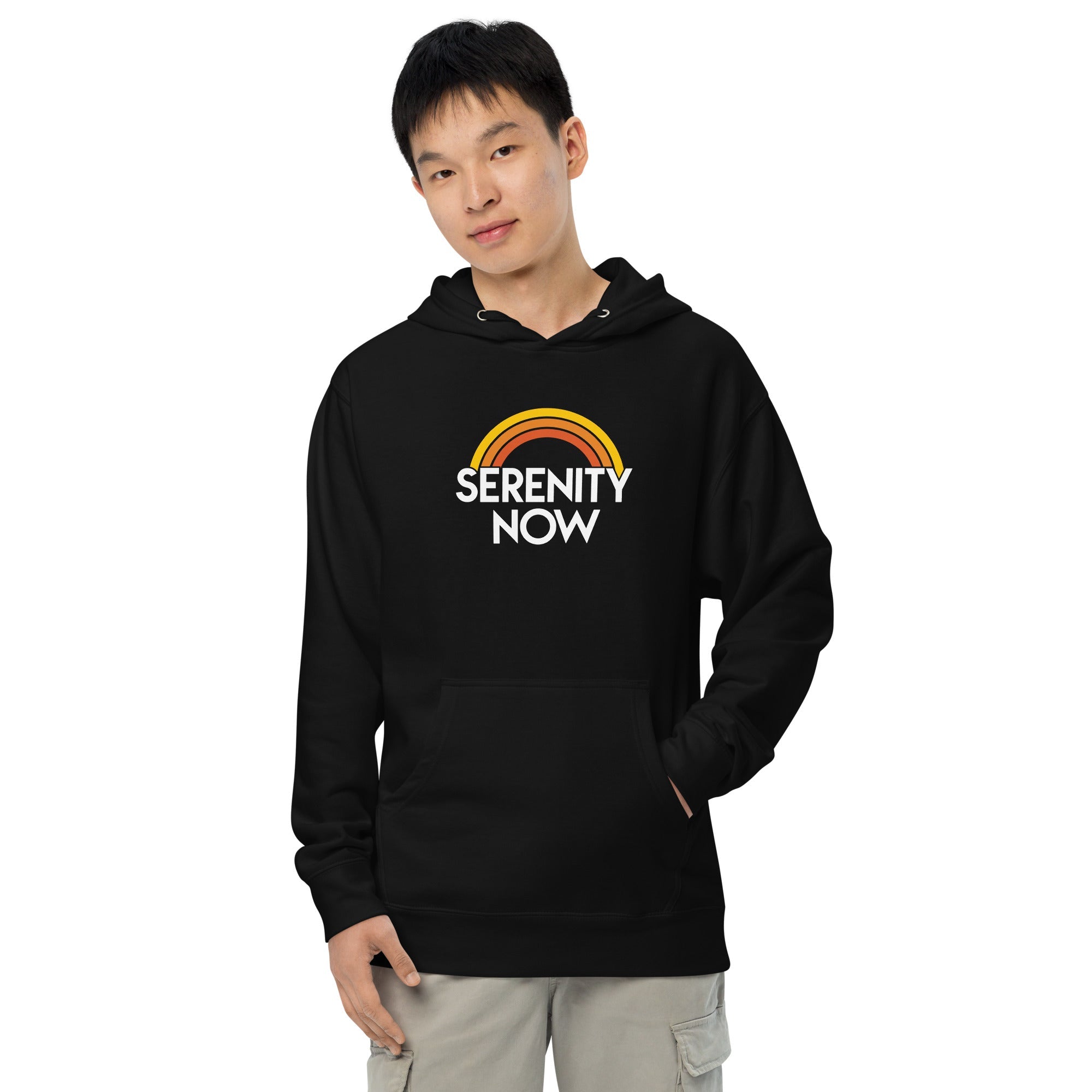 Serenity Now Artsy Mindfulness Graphic Midweight Pullover Hoodie | Cool Rainbow Meditation Fleece | Solid Threads