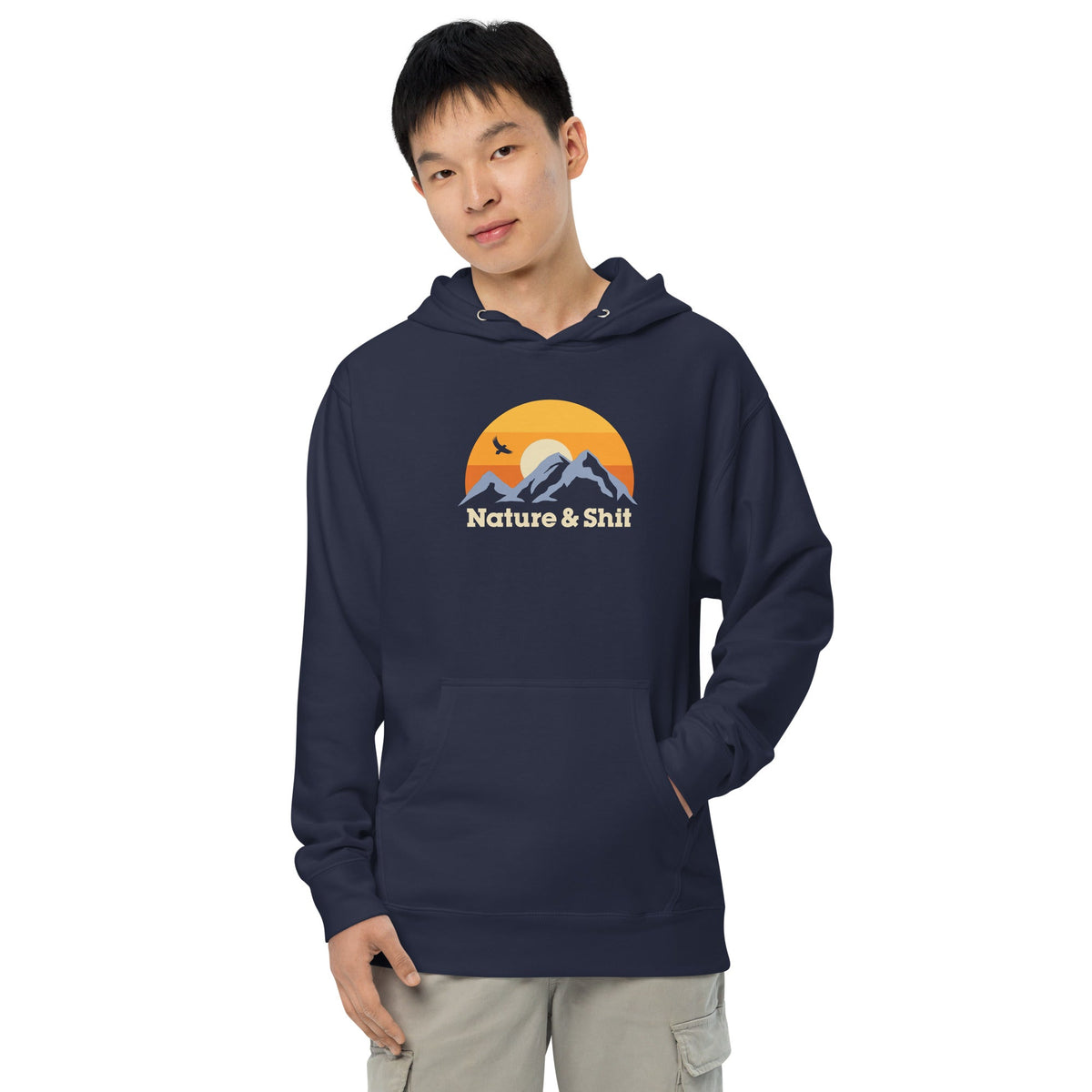 Nature & Shit Funny Outdoorsy Graphic Midweight Pullover Hoodie | Vintage Mountain Sunset Fleece on Model | Solid Threads
