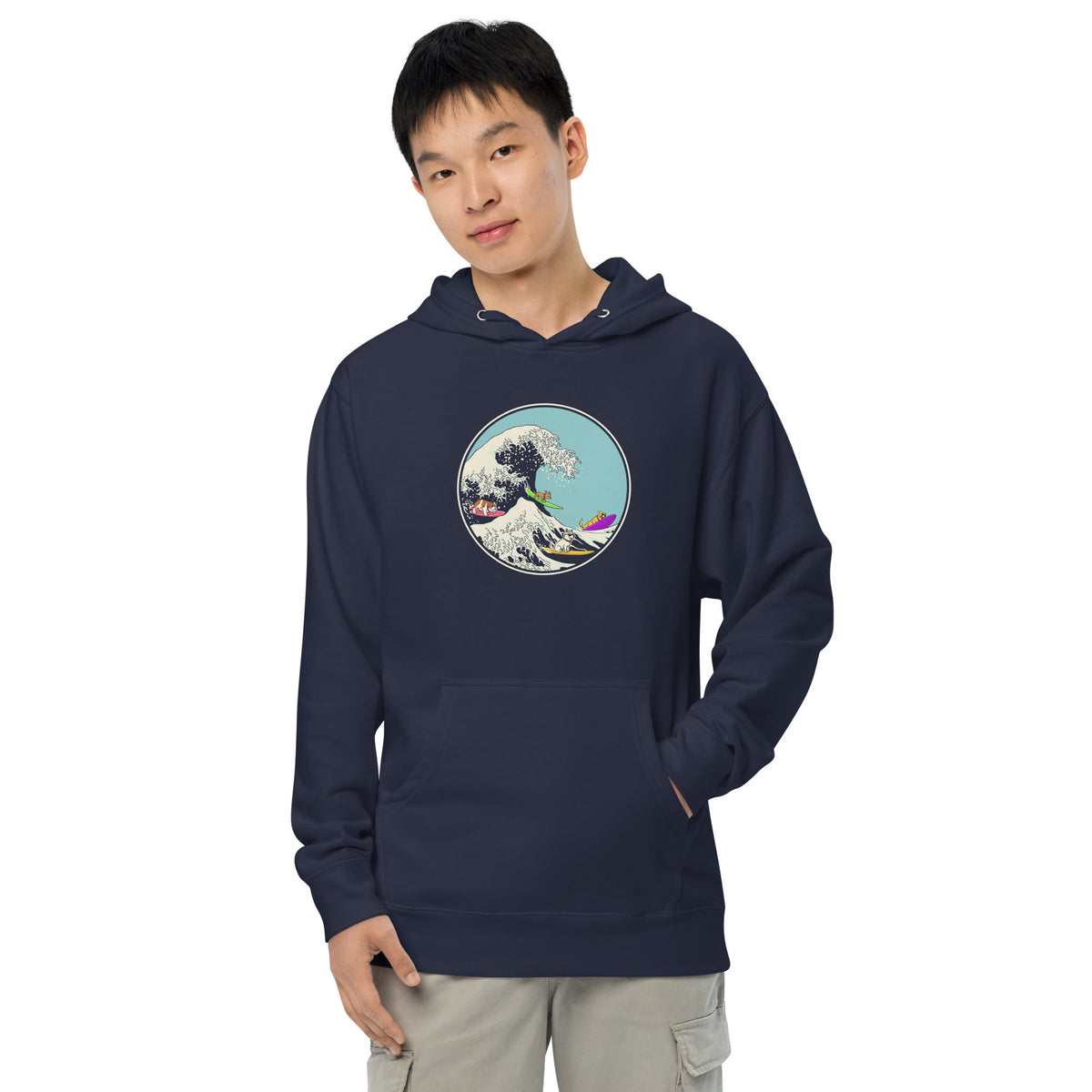 Dogs Ridin' The Wave Designer Graphic Midweight Pullover Hoodie | Cool Surfing Ocean Beach Hoodie on Model | Solid Threads