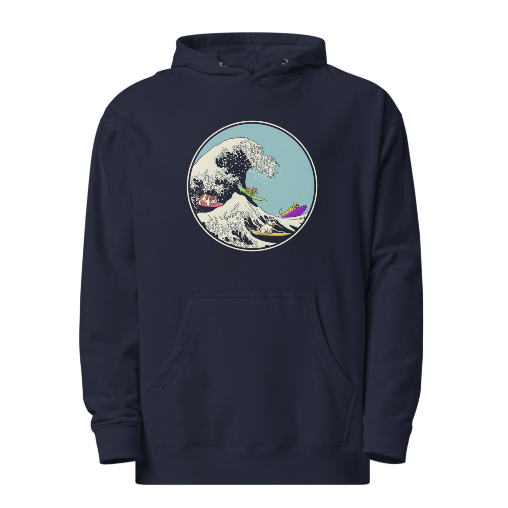 Dogs Ridin' The Wave Designer Graphic Midweight Pullover Hoodie | Cool Surfing Ocean Beach Hoodie | Solid Threads