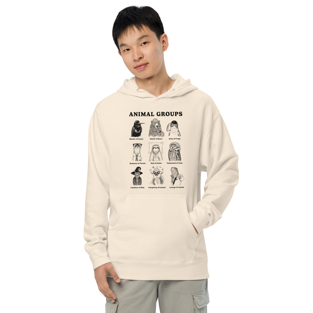 Animal Groups Funny Graphic Midweight Pullover Hoodie | Cool Pun Names Fleece on Model | Solid Threads
