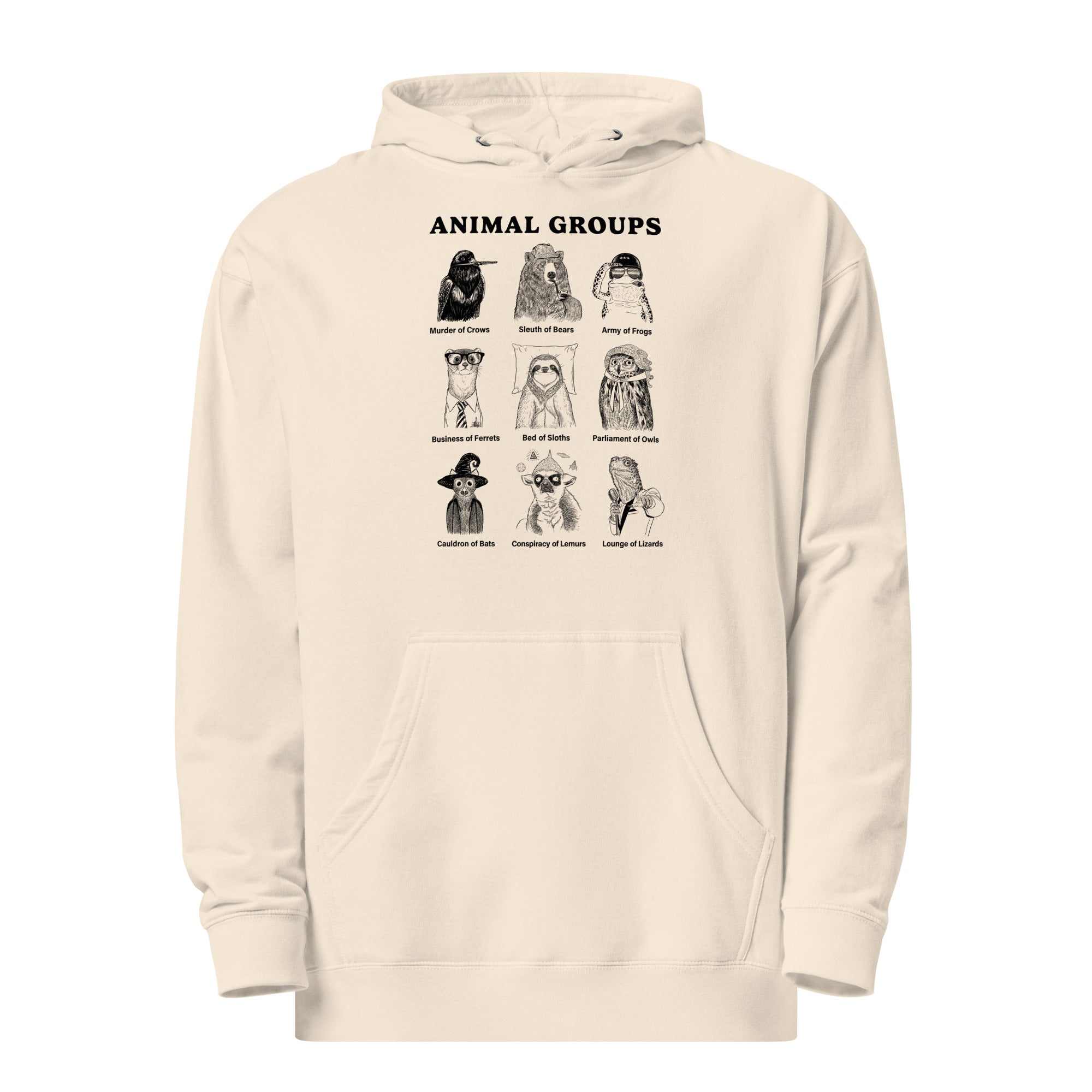 Animal Groups Funny Graphic Midweight Pullover Hoodie | Cool Pun Names Fleece | Solid Threads