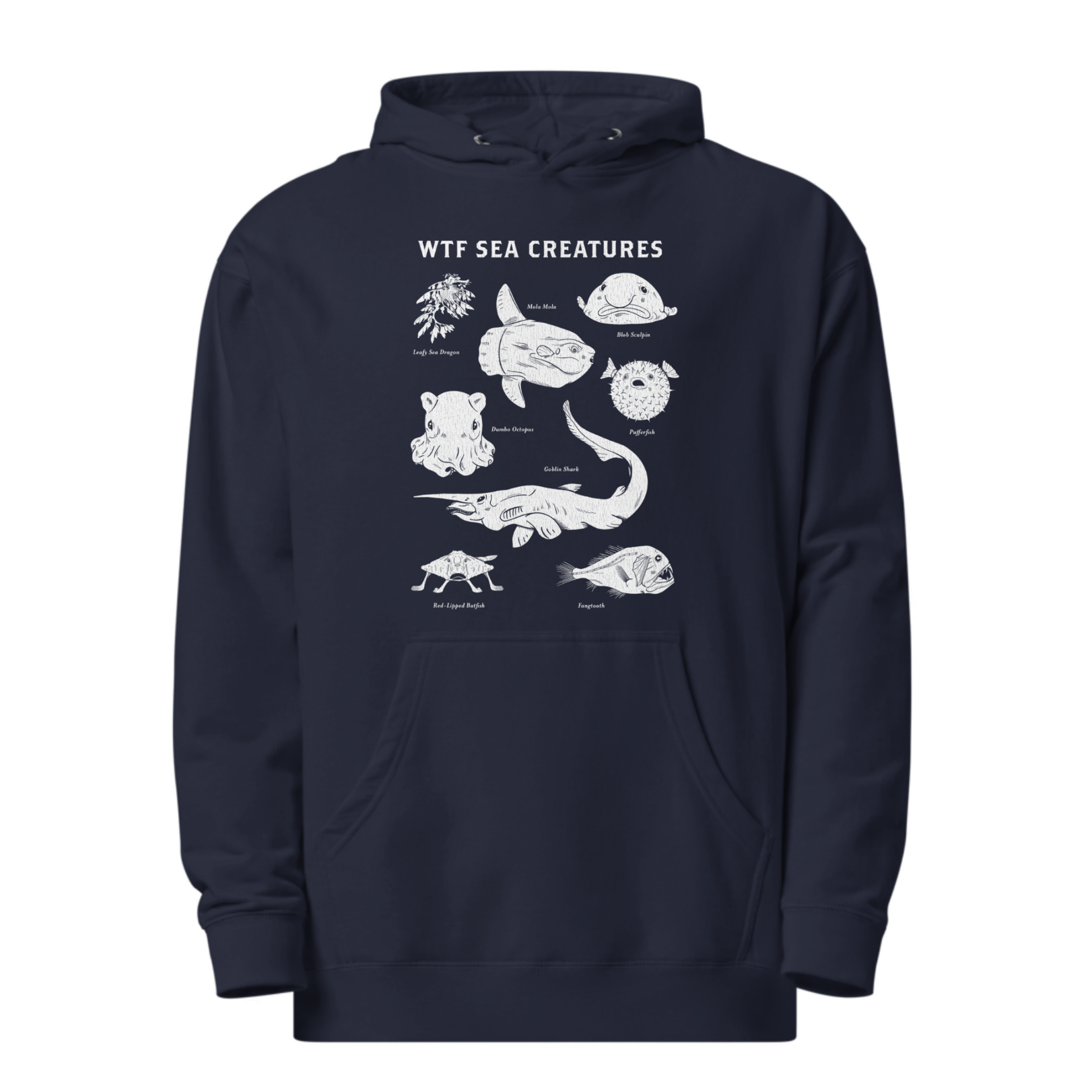 Wtf Sea Creatures Cool Graphic Midweight Pullover Hoodie | Designer Blobfish Chart Ocean Fleece | Solid Threads