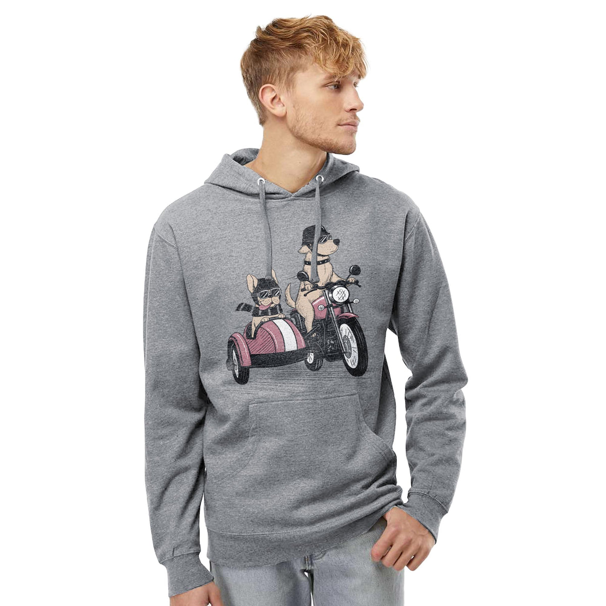 Bred Wild Vintage Graphic T-Shirt | Funny Dogs Motorcycle Sidecar Fleece On Model | Solid Threads