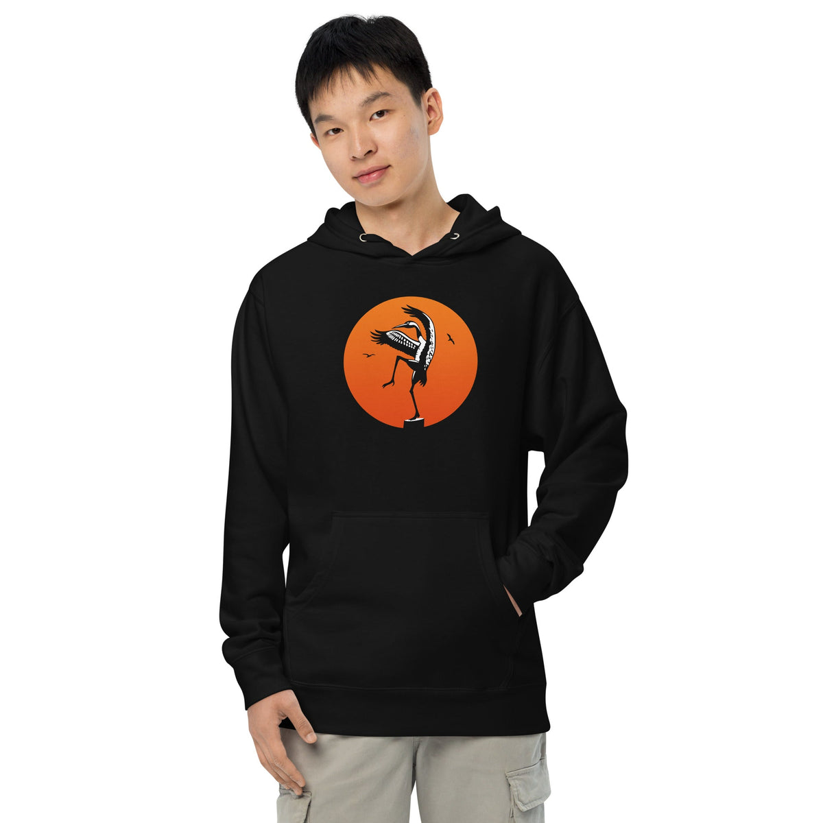 Crane Kick Designer Heron Graphic Midweight Pullover Hoodie | Funny Karate Kick Beach Bird Fleece on Model | Solid Threads