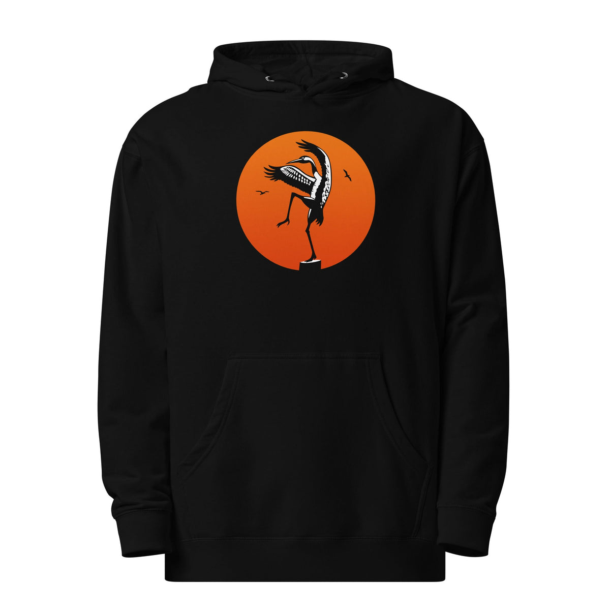 Crane Kick Designer Heron Graphic Midweight Pullover Hoodie | Funny Karate Kick Beach Bird Fleece | Solid Threads