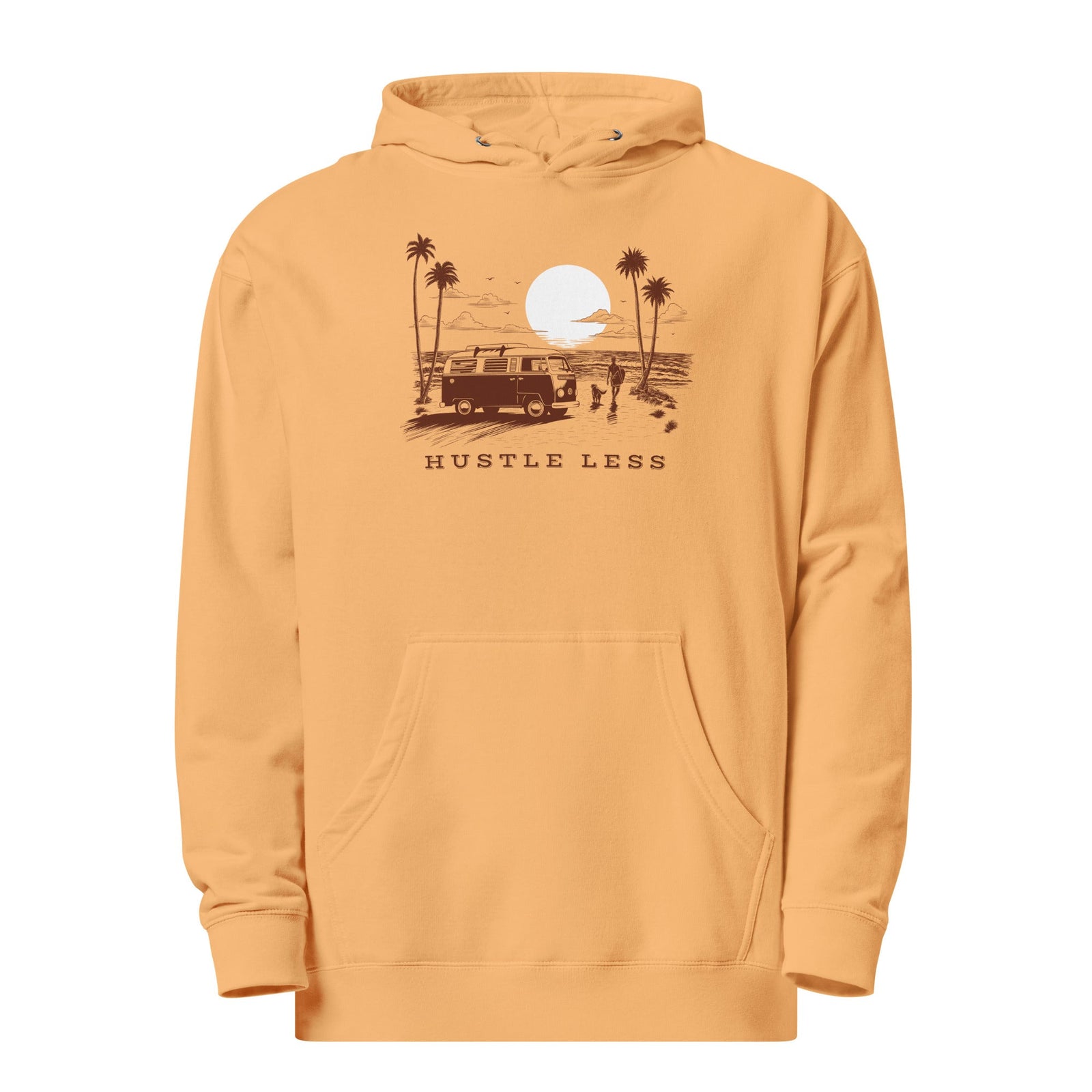 Hustle Less Vintage Surfing Van Life Graphic Midweight Pullover Hoodie | Designer Hippie Fleece | Solid Threads