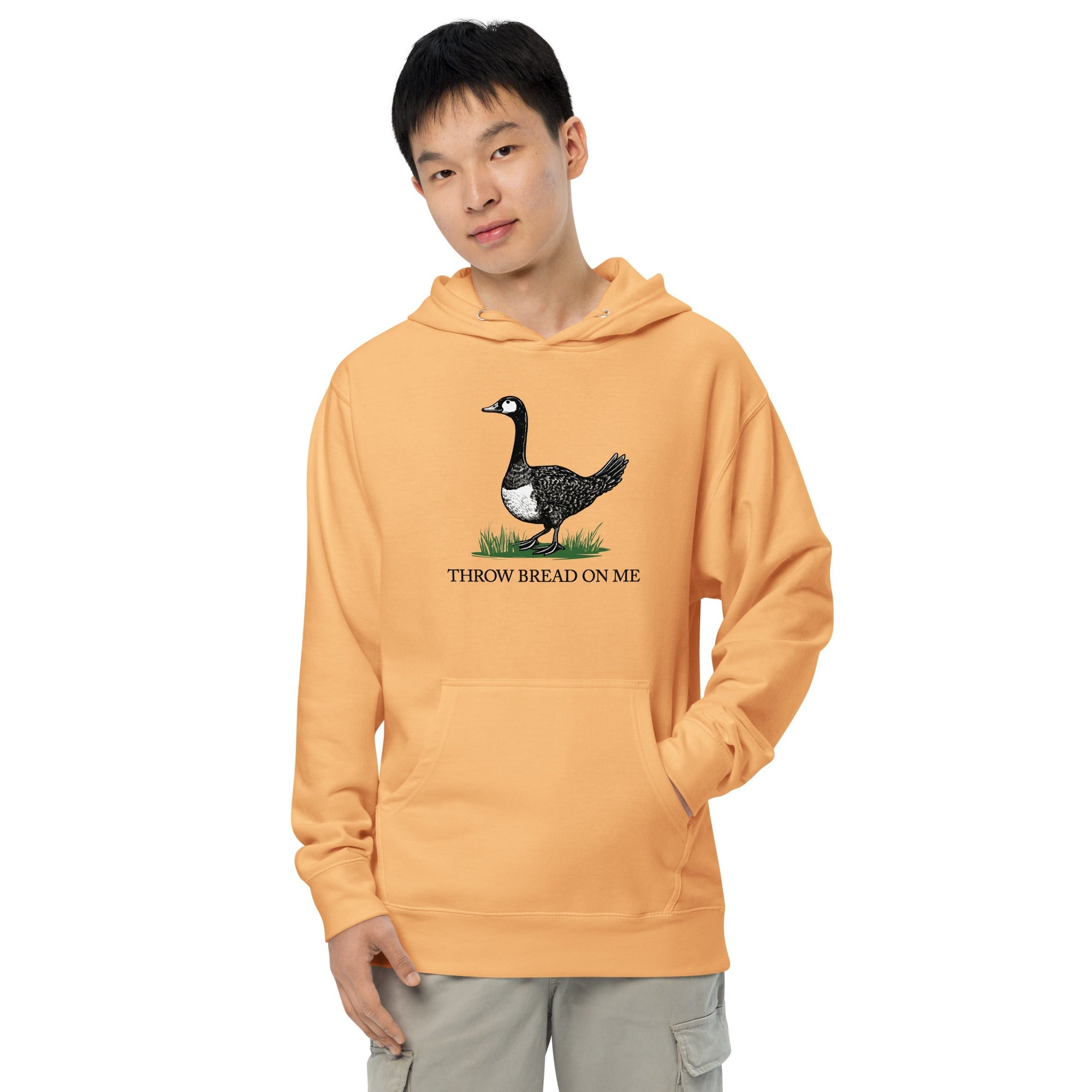 Throw Bread On Me Designer Graphic Midweight Pullover Hoodie | Funny Goose Tread on Me Flag Fleece | Solid Threads