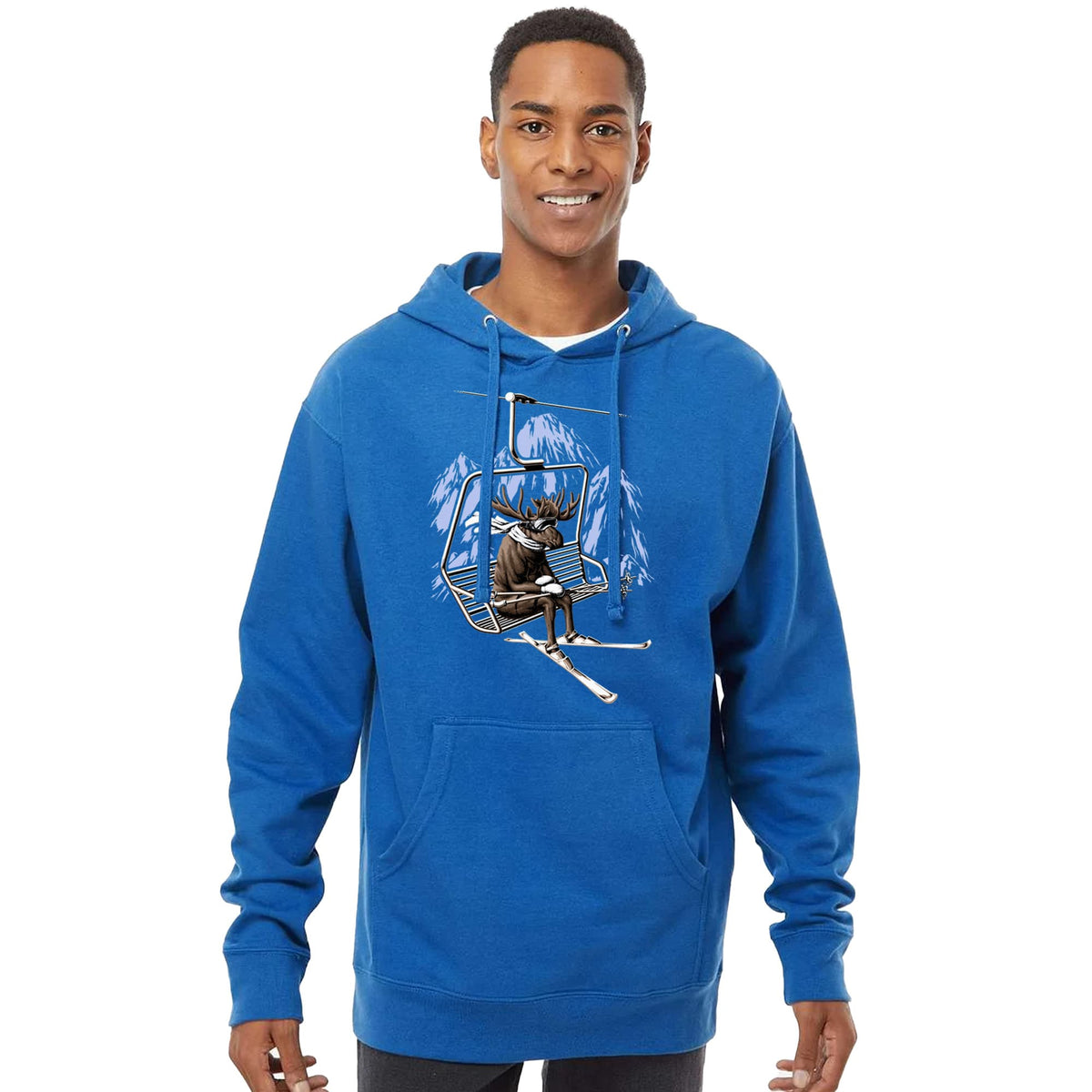 Vacation Moose Funny Graphic Midweight Pullover Hoodie | Vintage Ski Lift Winter Fleece On Model | Solid Threads