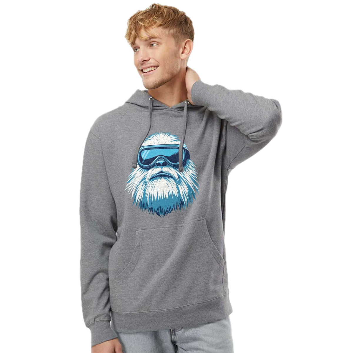 Yeti Skier Funny Graphic Midweight Pullover Hoodie | Cool Abominable Snowman Goggles Fleece On Model | Solid Threads