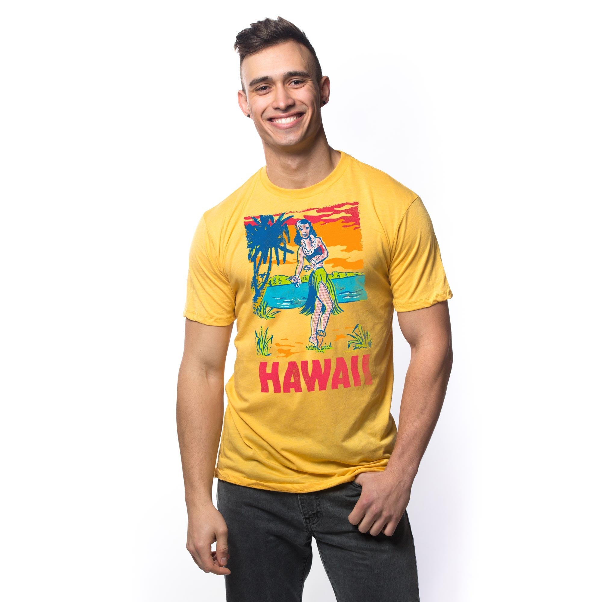 Men's Hawaii Hula Girl Retro Graphic T-Shirt | Cool HI Beach Tee on Model | Solid Threads