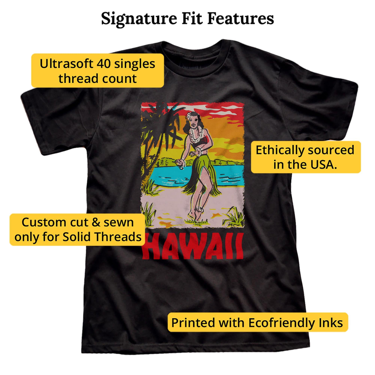 Hawaii Hula Girl Retro Signature T-shirt in Black - Fit Attributes