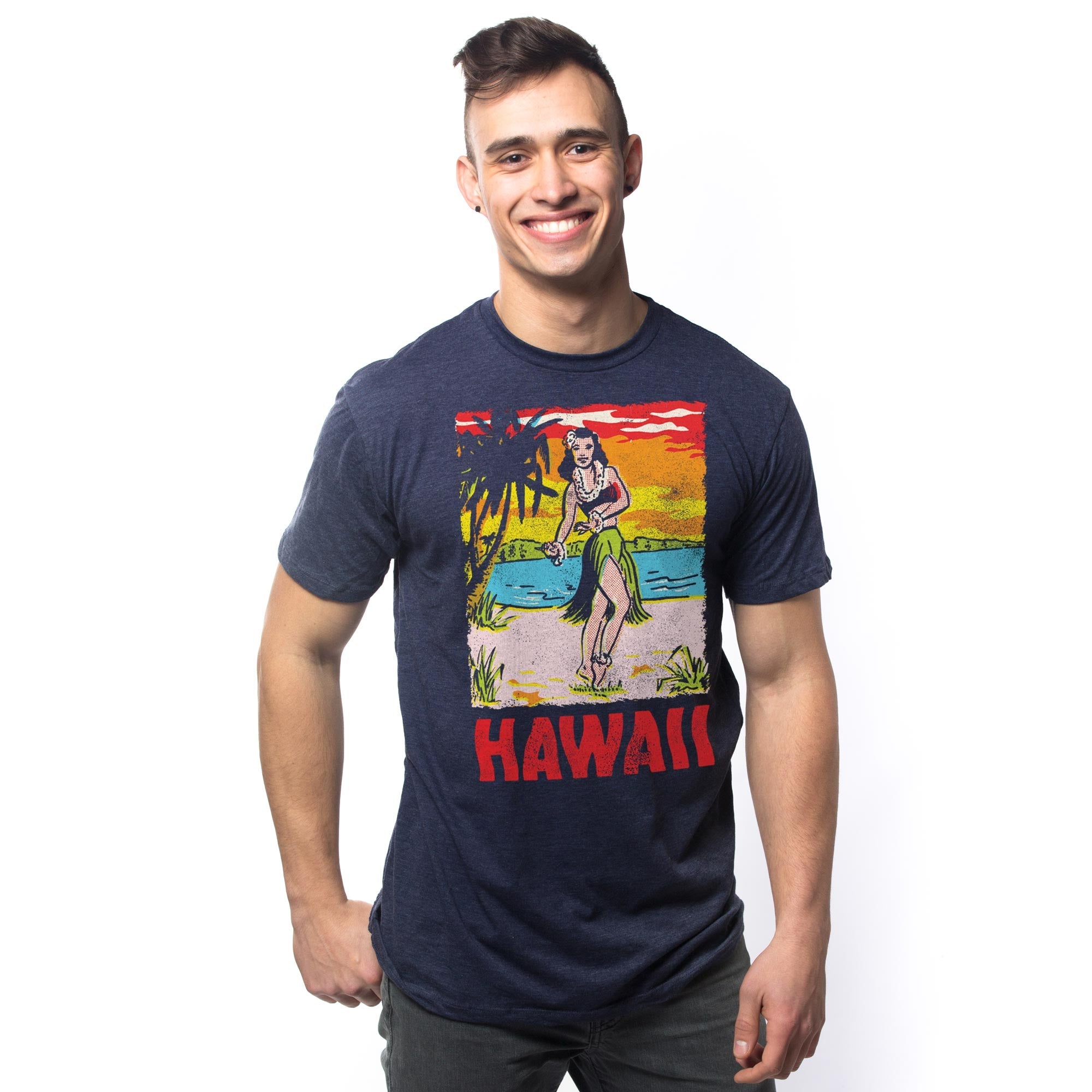 Men's Hawaii Hula Girl Retro Graphic T-Shirt | Cool HI Beach Tee on Model | Solid Threads