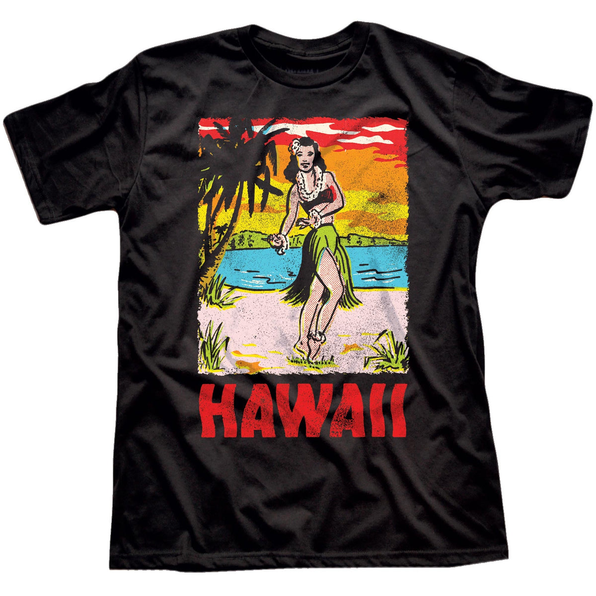 Men&#39;s Hawaii Hula Girl Retro Graphic T-Shirt | Cool HI Beach Tee | Solid Threads