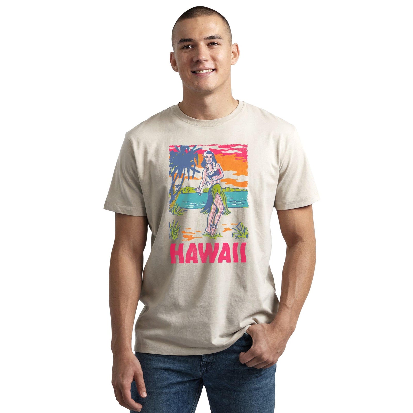 Hawaii Hula Girl Retro Staple T-shirt in Natural On Model - Front View