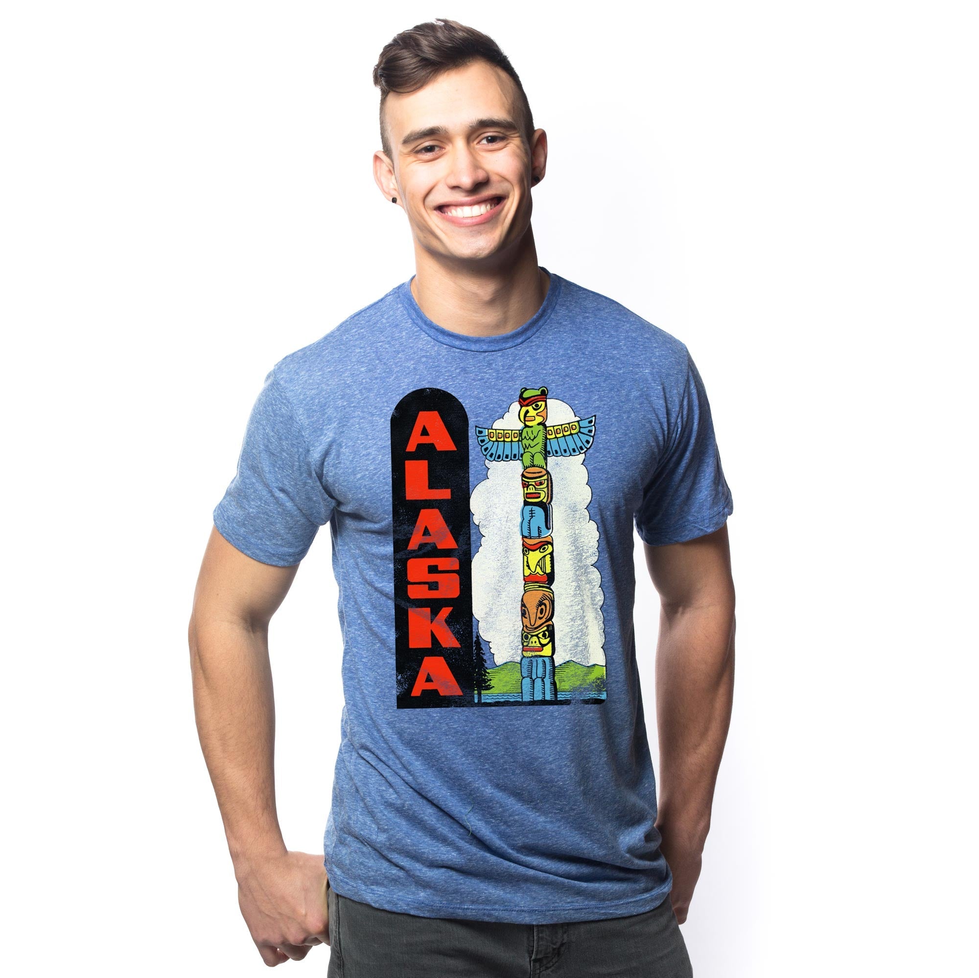 Men's Alaska Totem Pole Vintage Graphic T-Shirt | Cool AK Tribal Tee on Model | Solid Threads