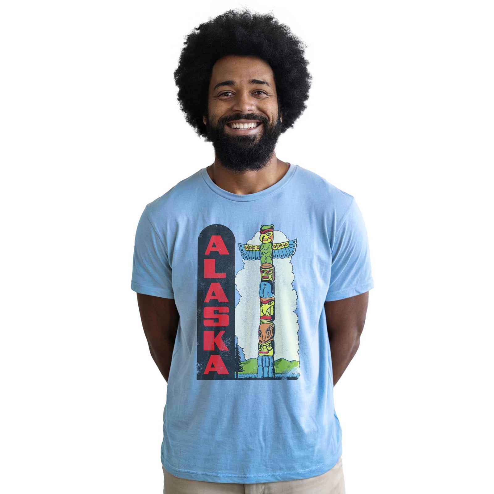 Alaska Totem Pole Vintage Staple T-shirt in Light Blue Heather On Model - Front View
