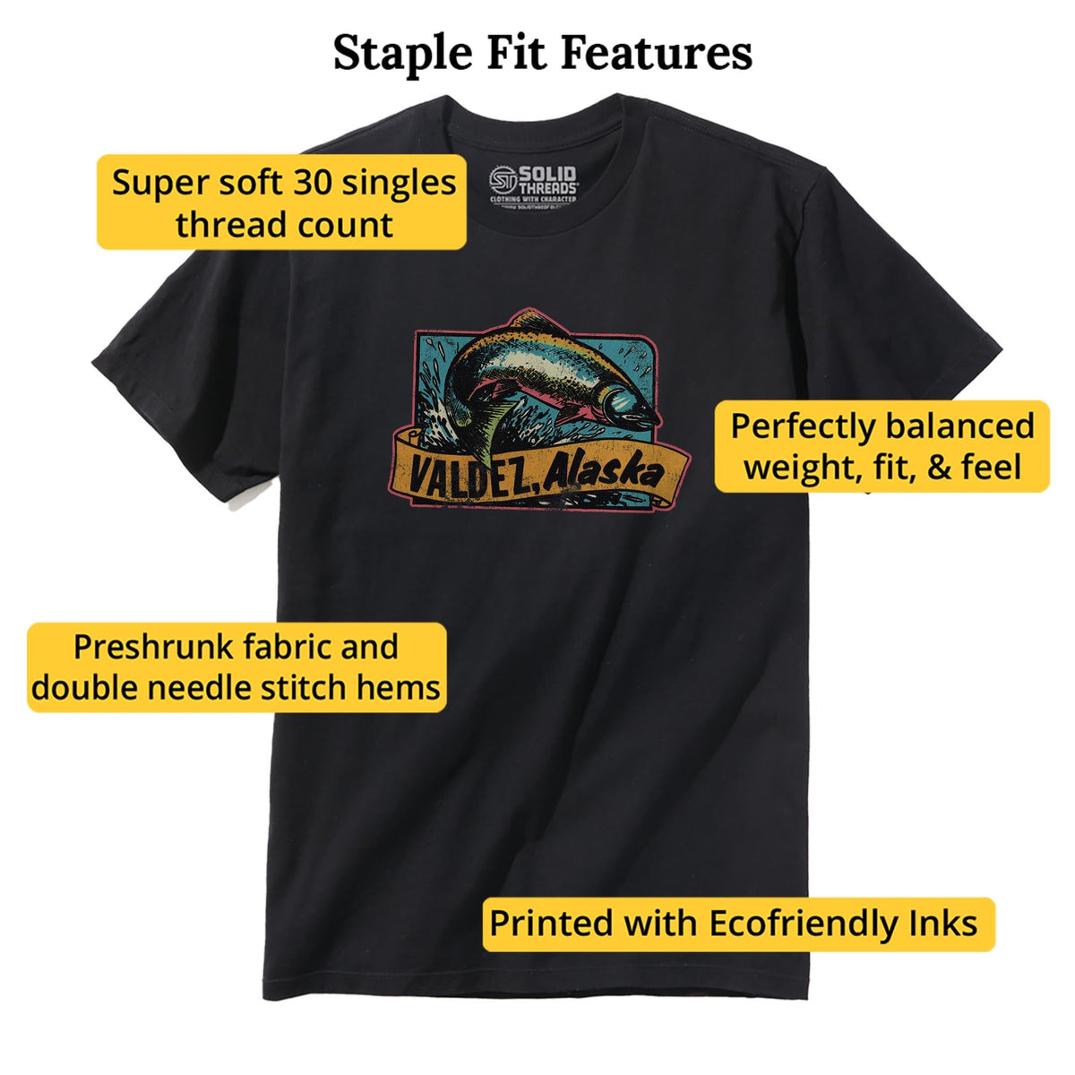 Valdez Alaska Retro Staple T-shirt in Black - Fit Attributes