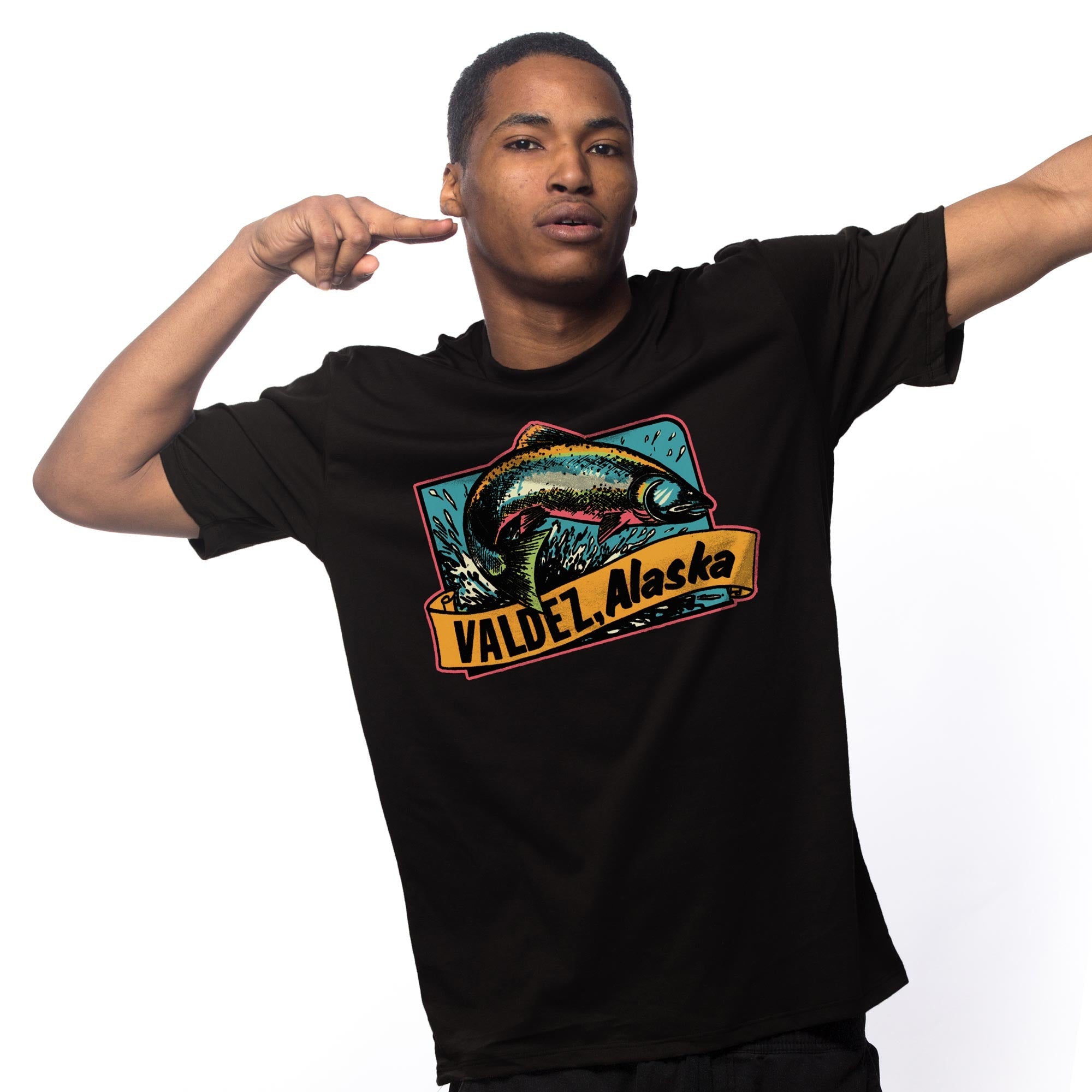 Men's Valdez Alaska Retro Graphic T-Shirt | Cool AK Fishing Tee on Model | Solid Threads