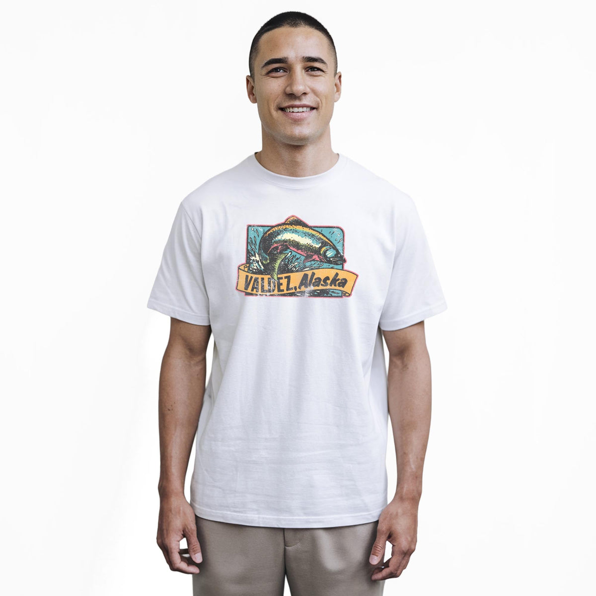 Valdez Alaska Retro Staple T-shirt in White On Model - Front View