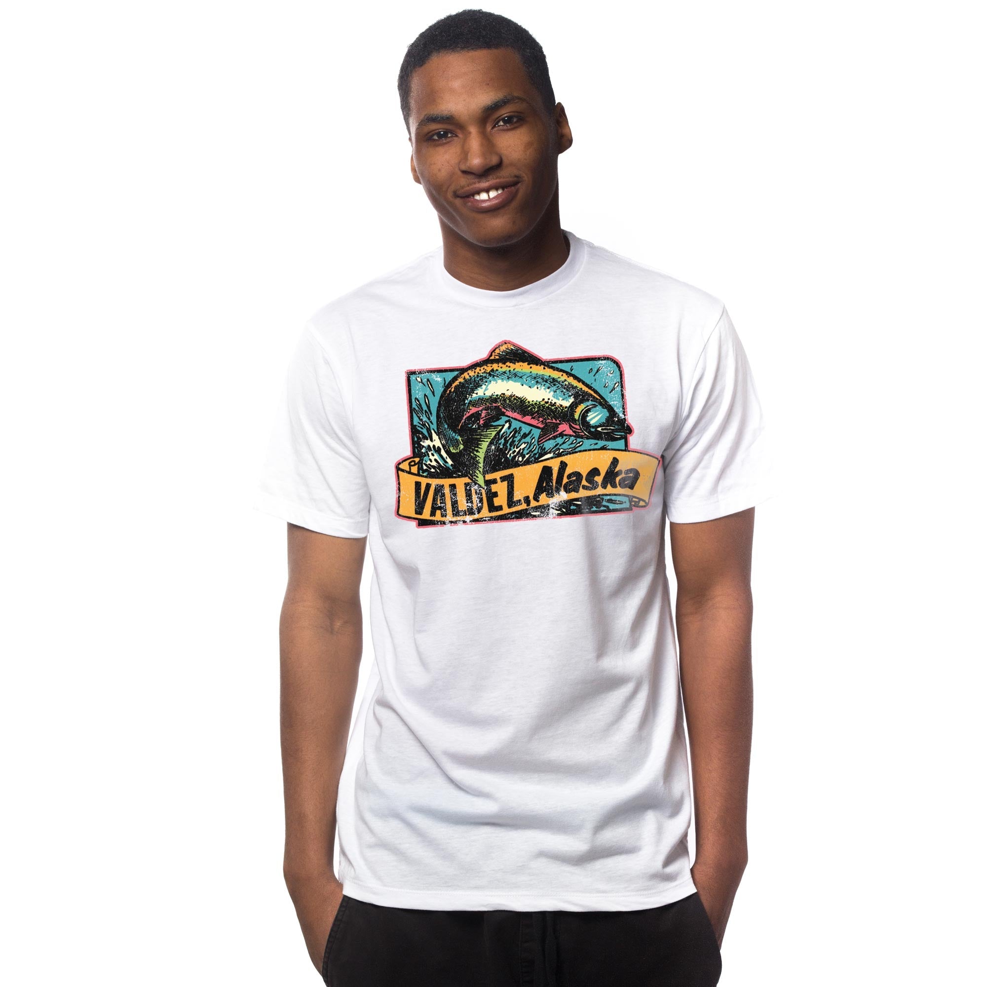 Men's Valdez Alaska Retro Graphic T-Shirt | Cool AK Fishing Tee on Model | Solid Threads