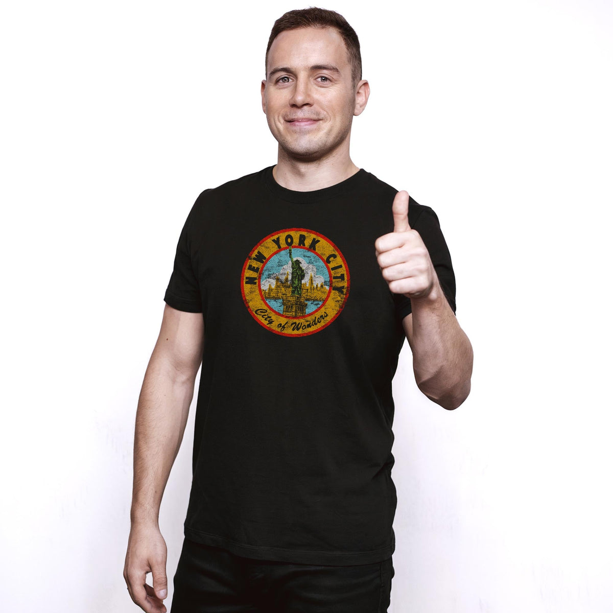 Nyc City Of Wonders Vintage Staple T-shirt in Black On Model - Front View