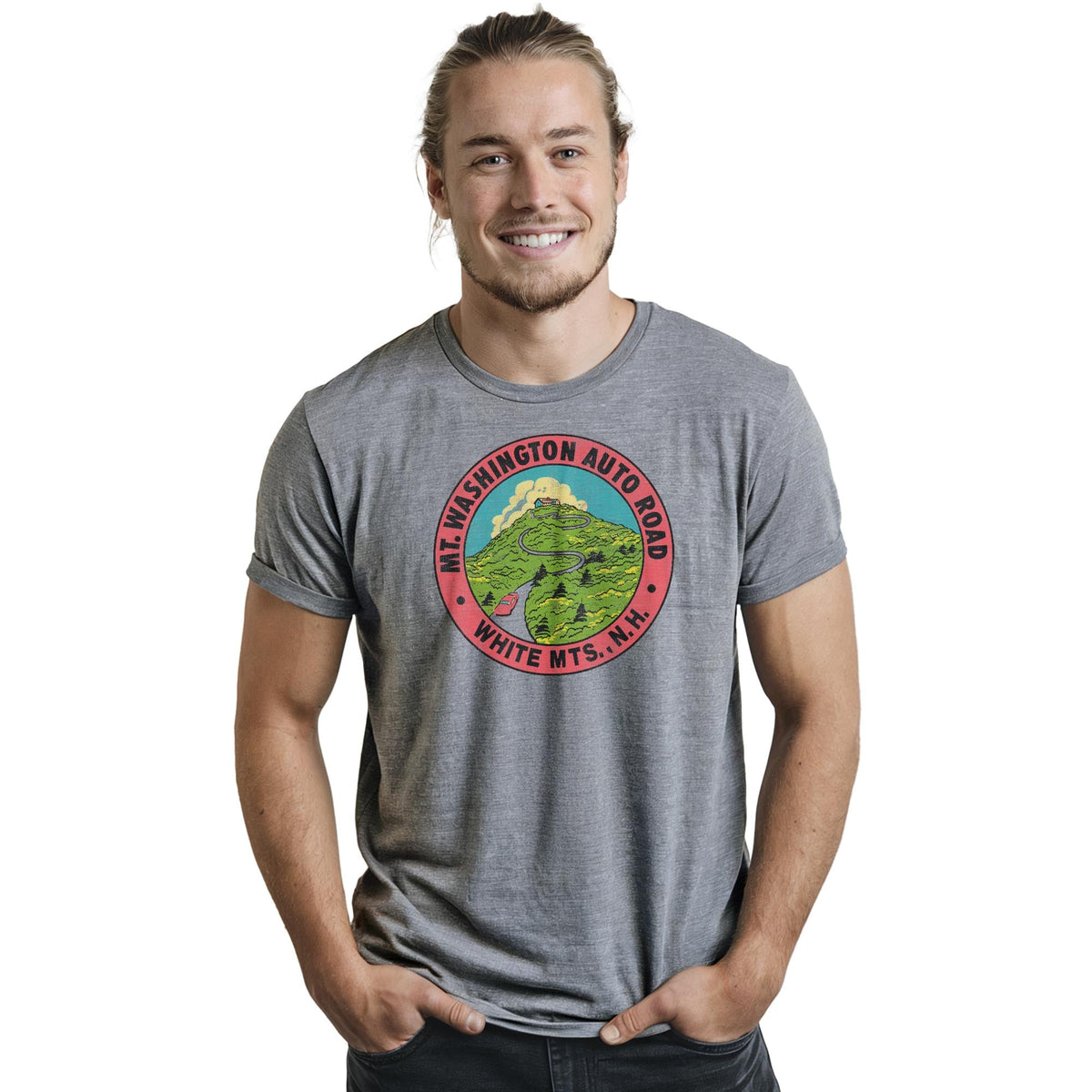 Mt Washington Retro Staple T-shirt in Ash Heather On Model - Front View