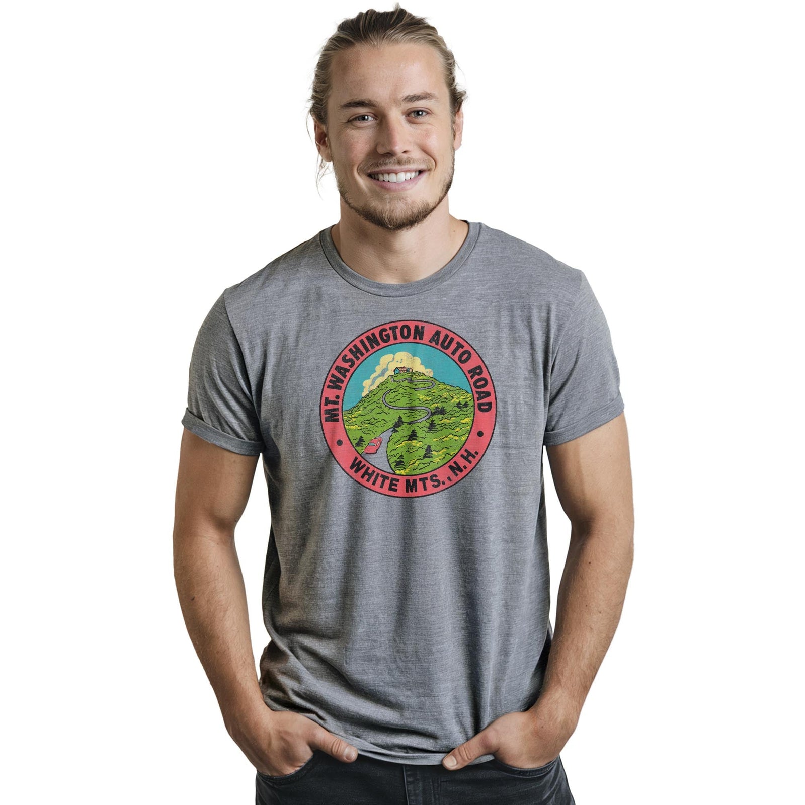Mt Washington Retro Staple T-shirt in Ash Heather On Model - Front View